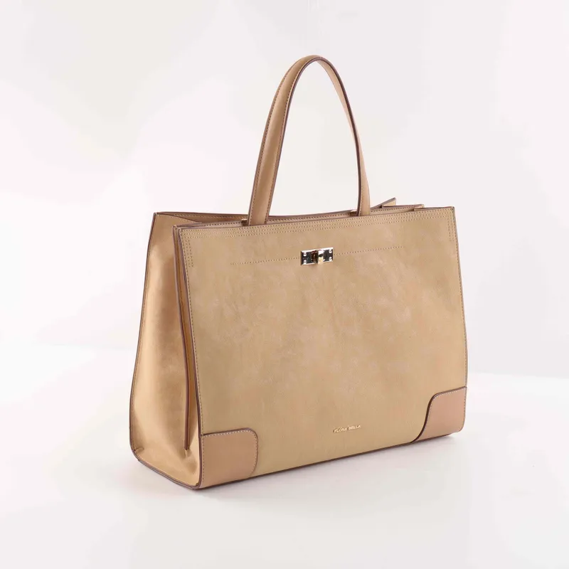 Elegant Beige Leather Office Tote | Spacious Professional Handbag with Lock Closure - Other