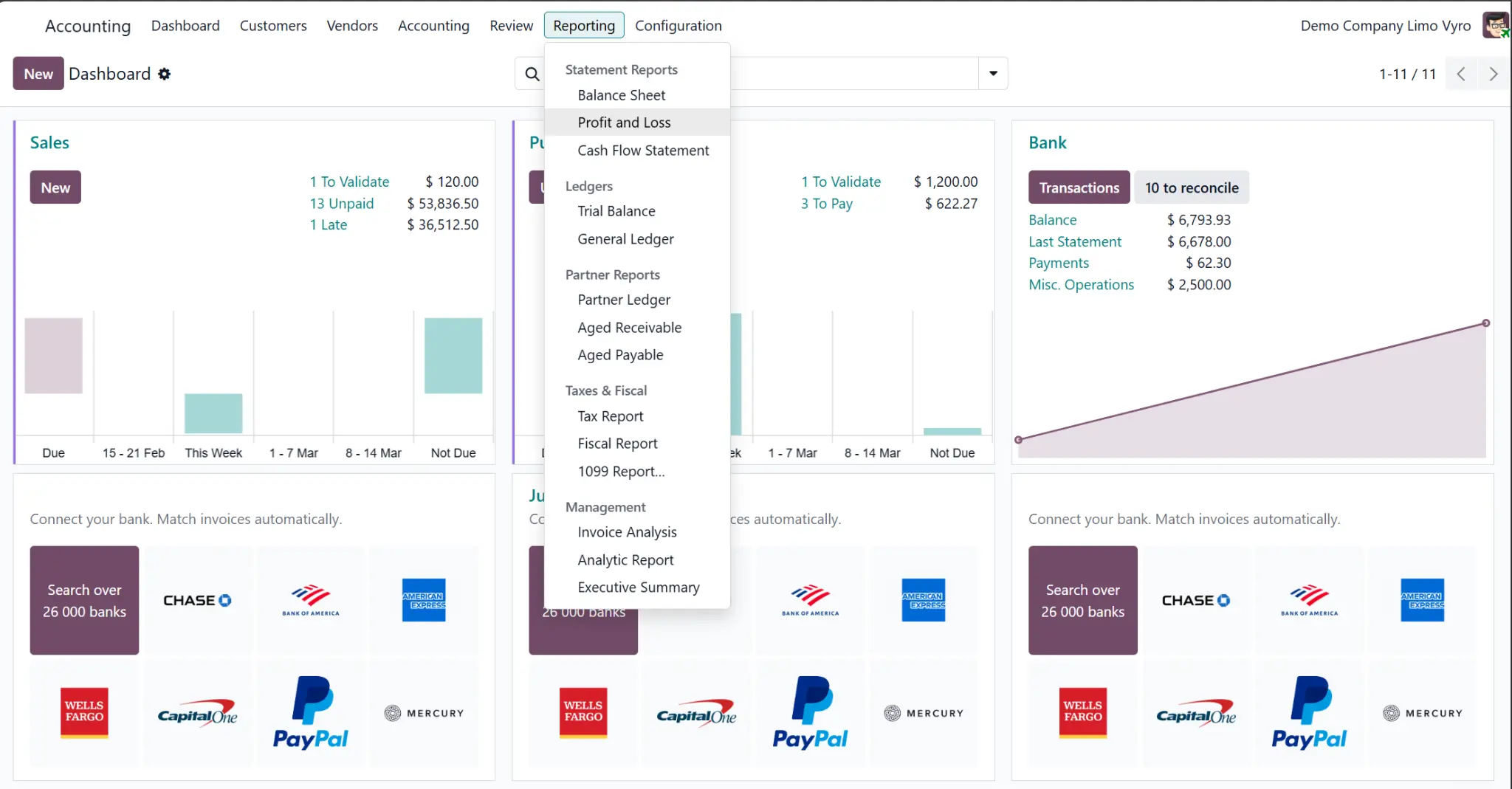 Limo Vyro invoicing and accounting dashboard showing invoice list, payment status, and financial overview