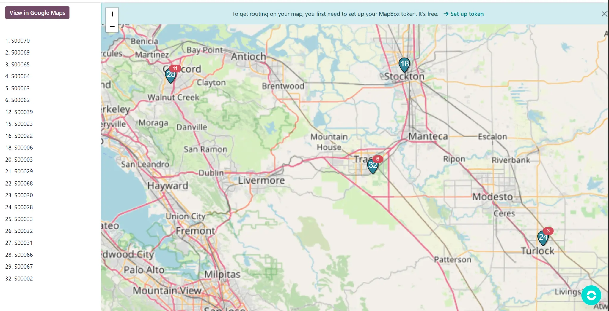 Detailed map view showing a single vehicle's route and status