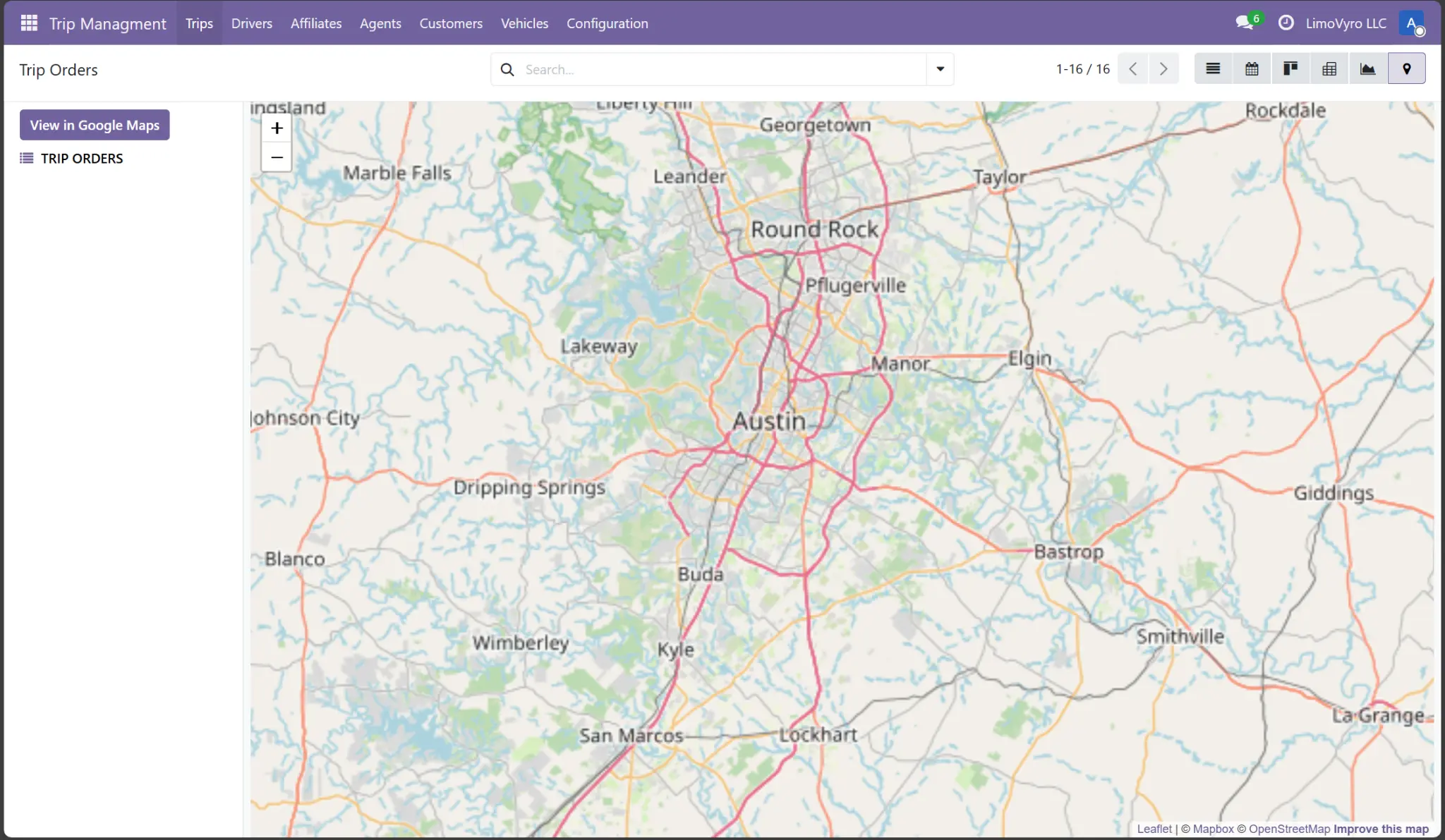 The map view in Limo Vyro, displaying real-time locations of all vehicles in the fleet.