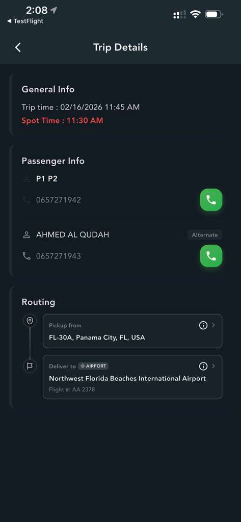 Limo Vyro's driver app interface showing a trip overview on a smartphone.