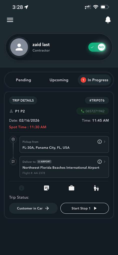 A screenshot of the Limo Vyro driver app displaying detailed trip information.