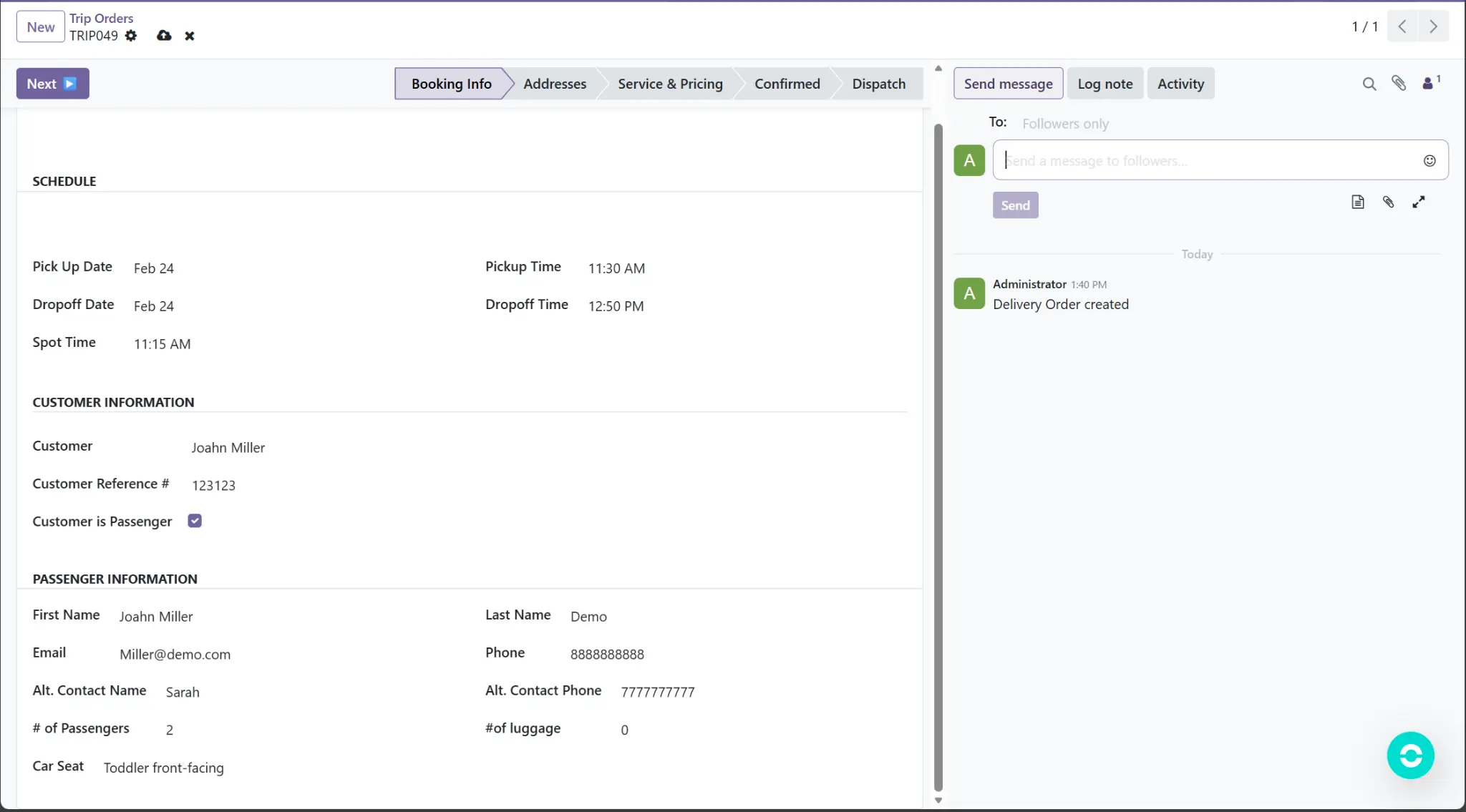 Limo Vyro's intuitive trip creation screen, showing fields for passenger details, routing, and vehicle selection.