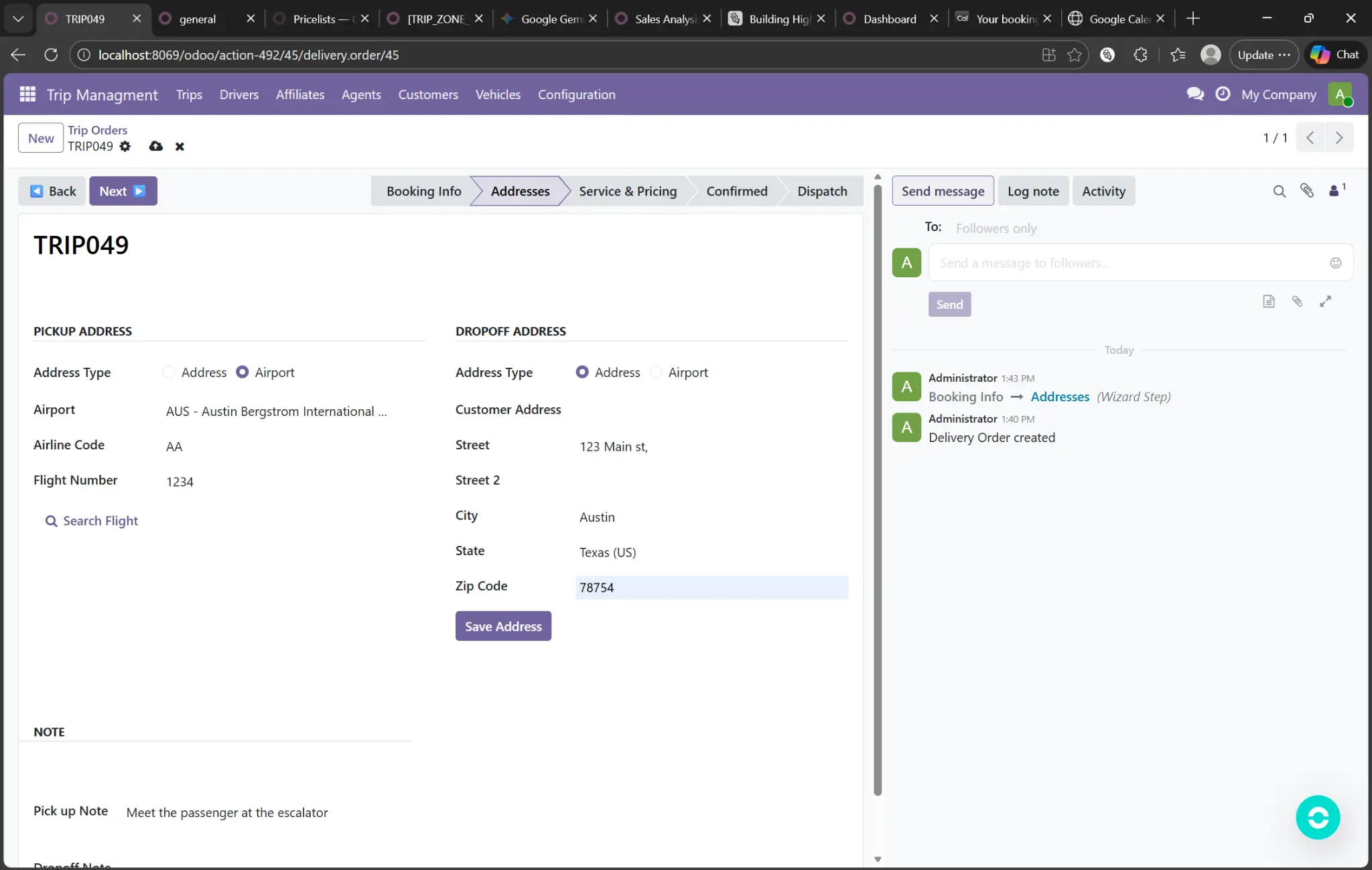 Detailed view of a trip order in Limo Vyro, showcasing multi-stop routing and passenger information fields.