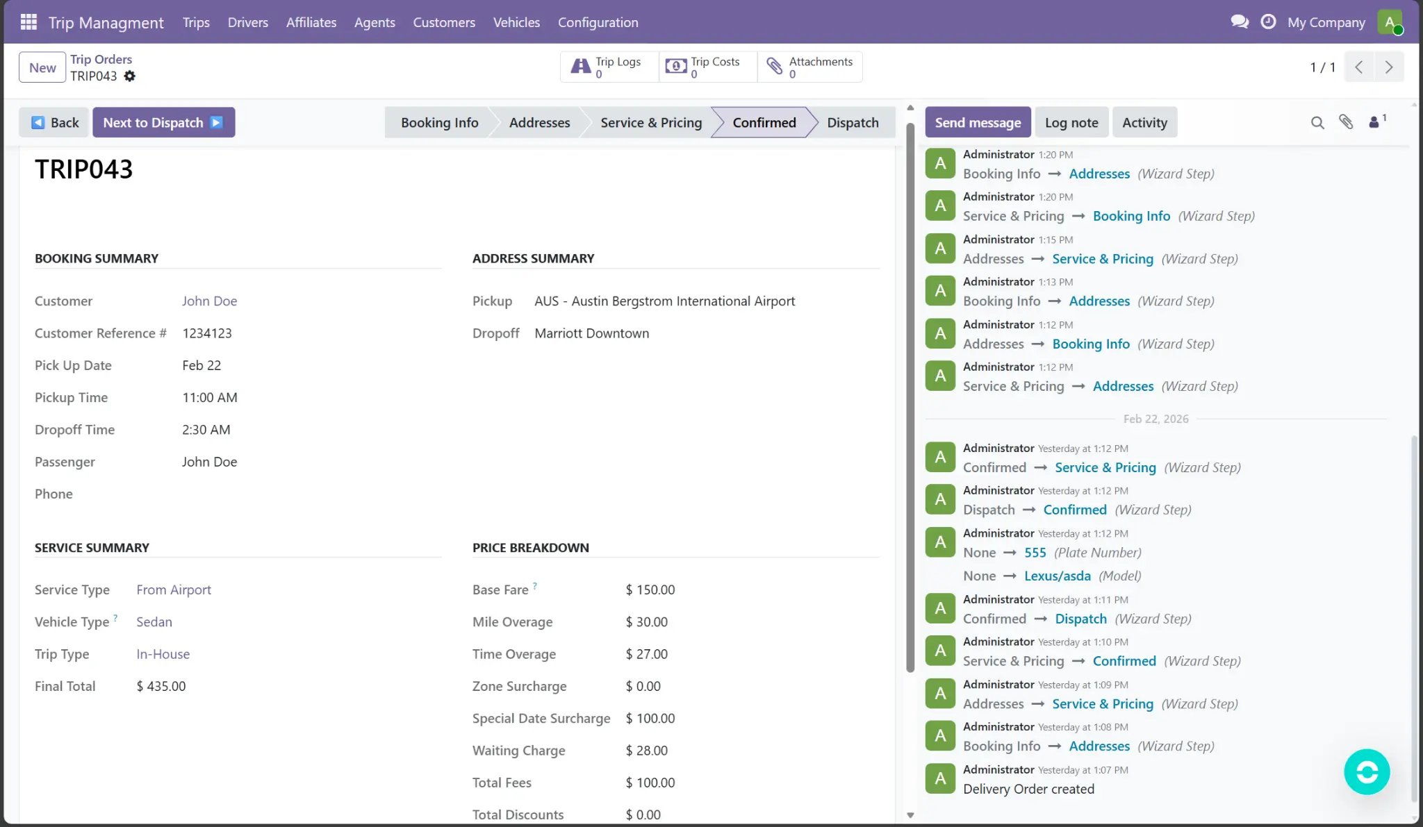 The trip summary screen in Limo Vyro, displaying a map of the completed route and key trip statistics.