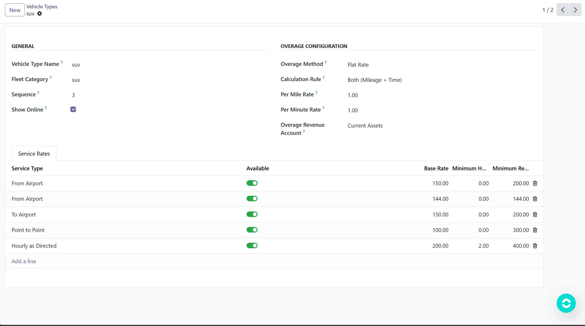 Limo Vyro's vehicle type management screen showing tiered overage pricing options.