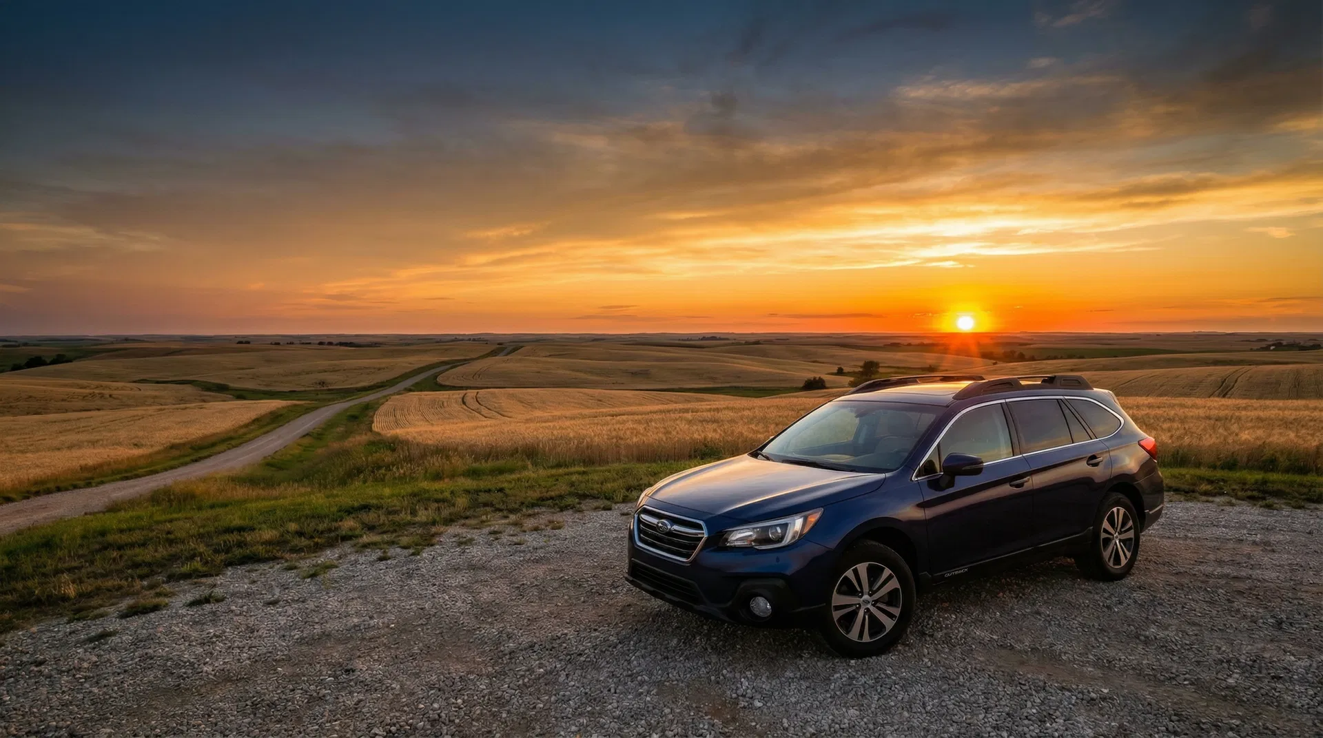 Subaru on a scenic overlook at sunset