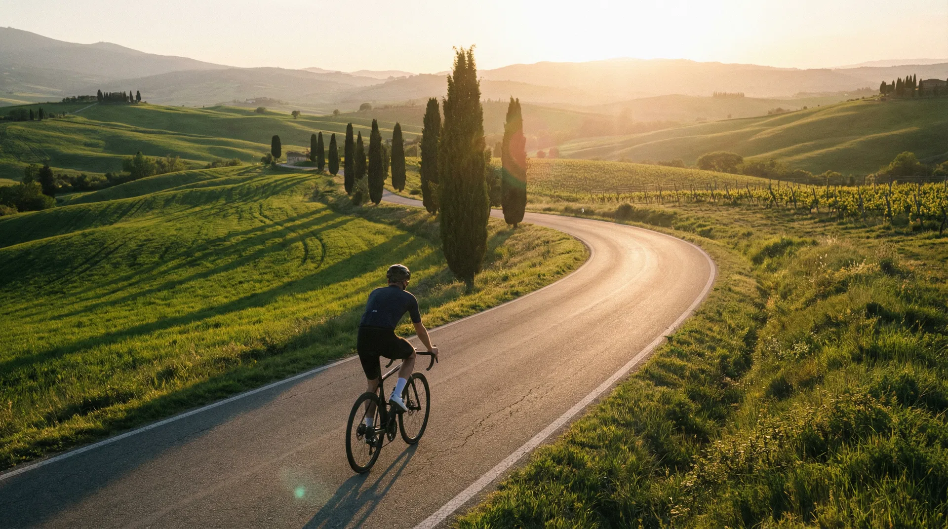Cyclist on a winding Tuscan road at golden hour