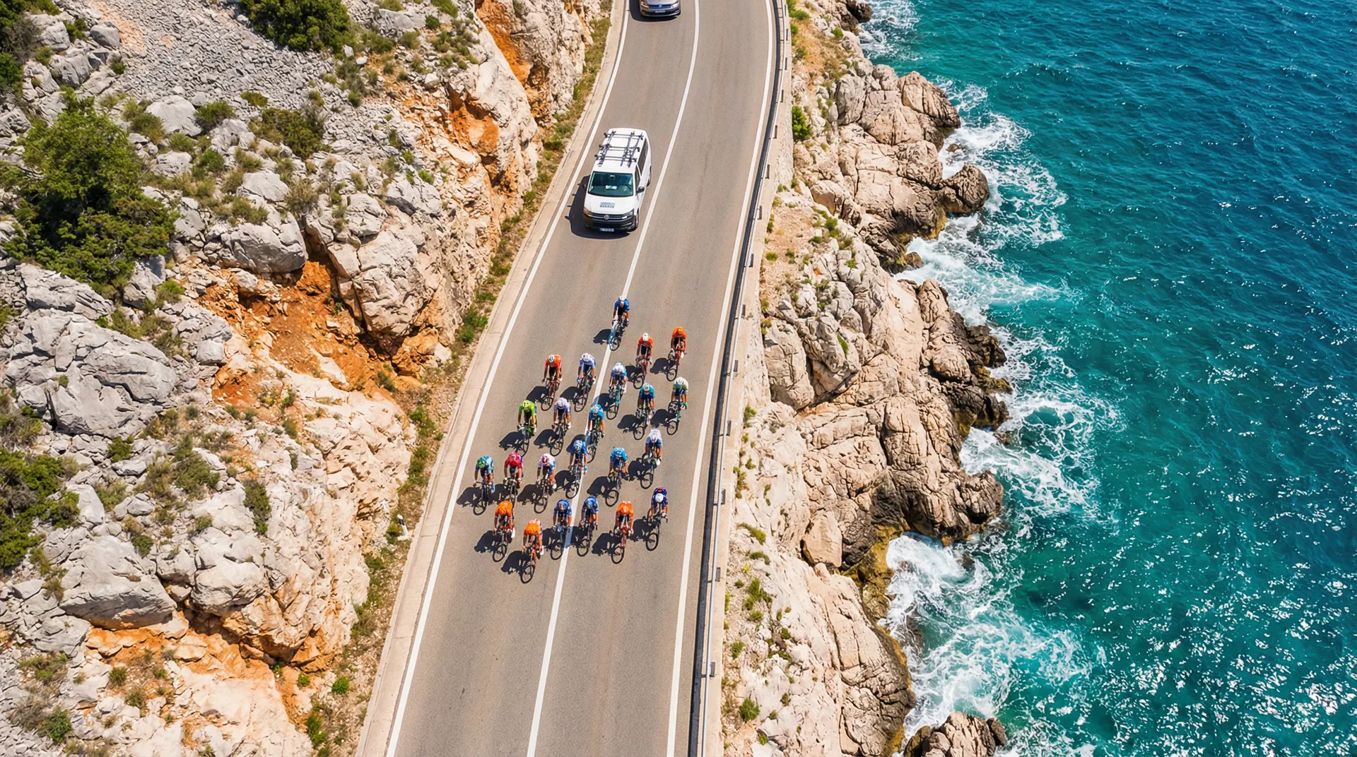 Aerial view of cyclists on a coastal road with support van