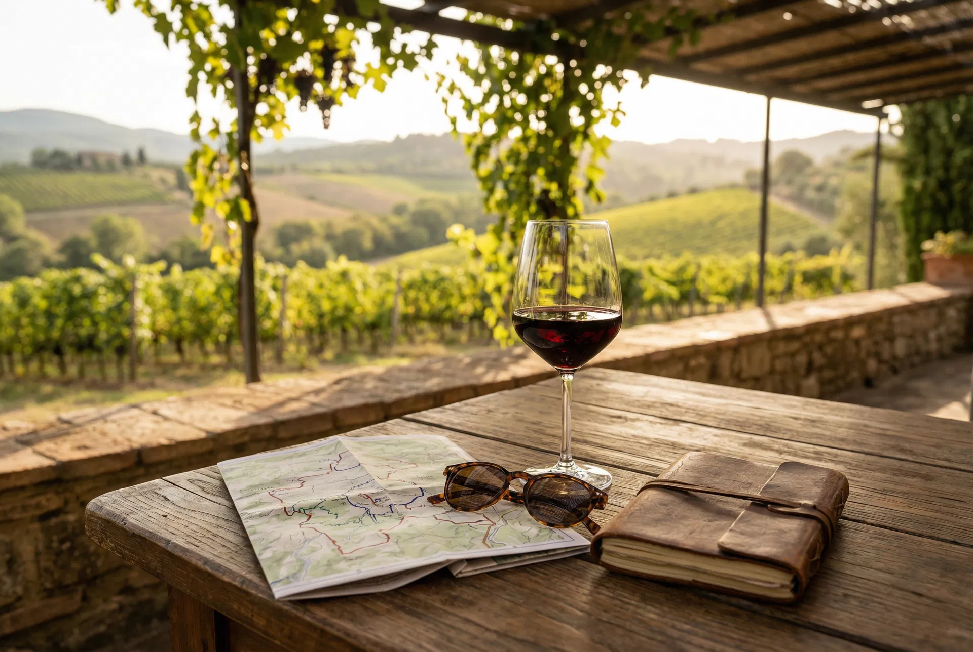 Wine glass and cycling map on a terrace overlooking vineyards