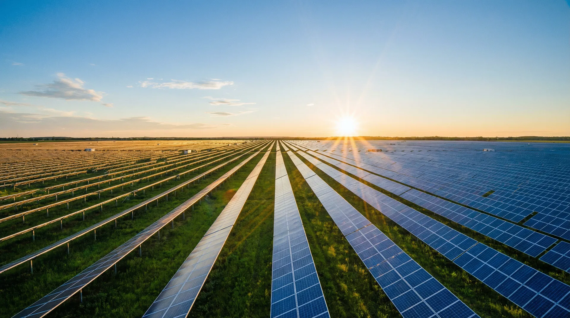 Usina solar com painéis fotovoltaicos ao pôr do sol