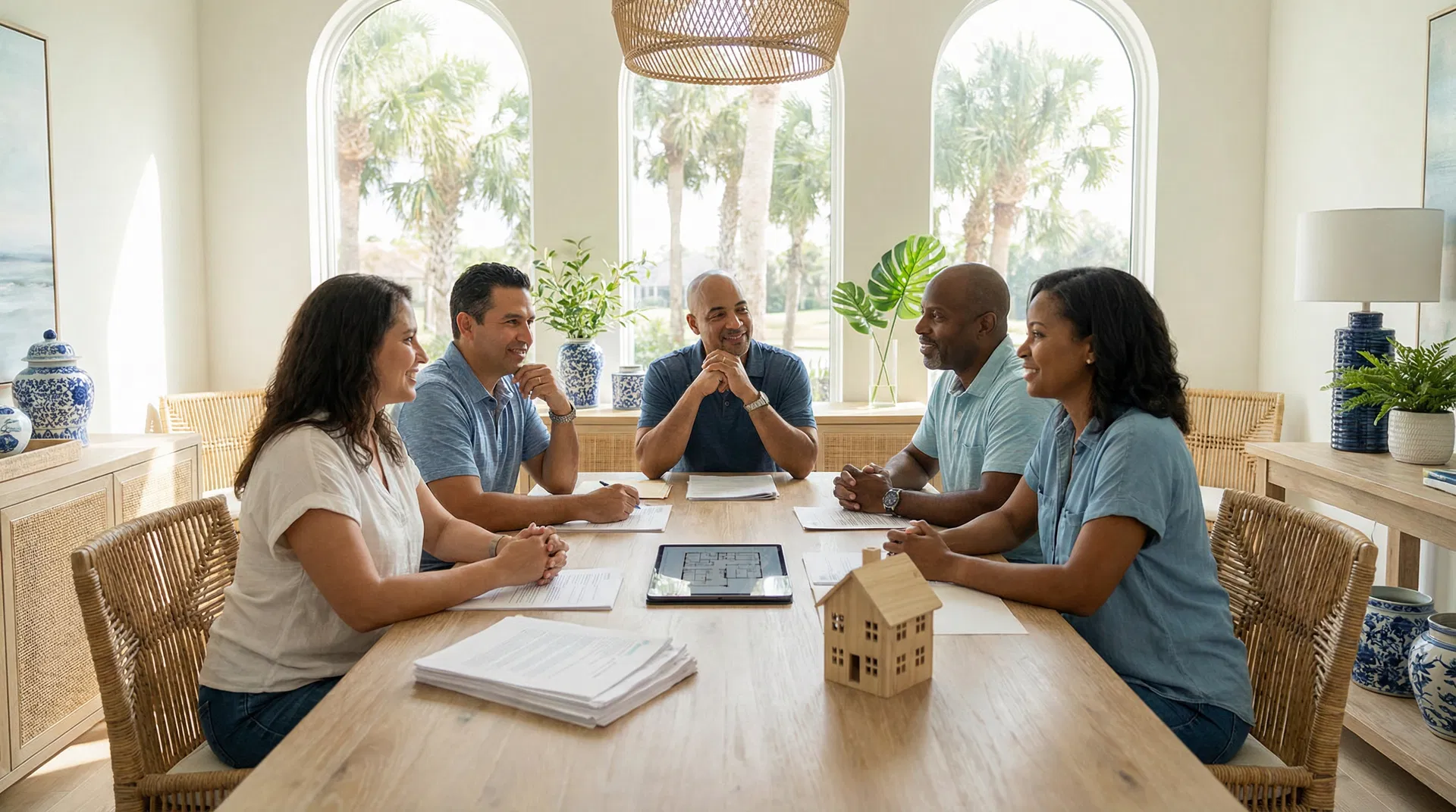 Family discussing inherited property options around a table