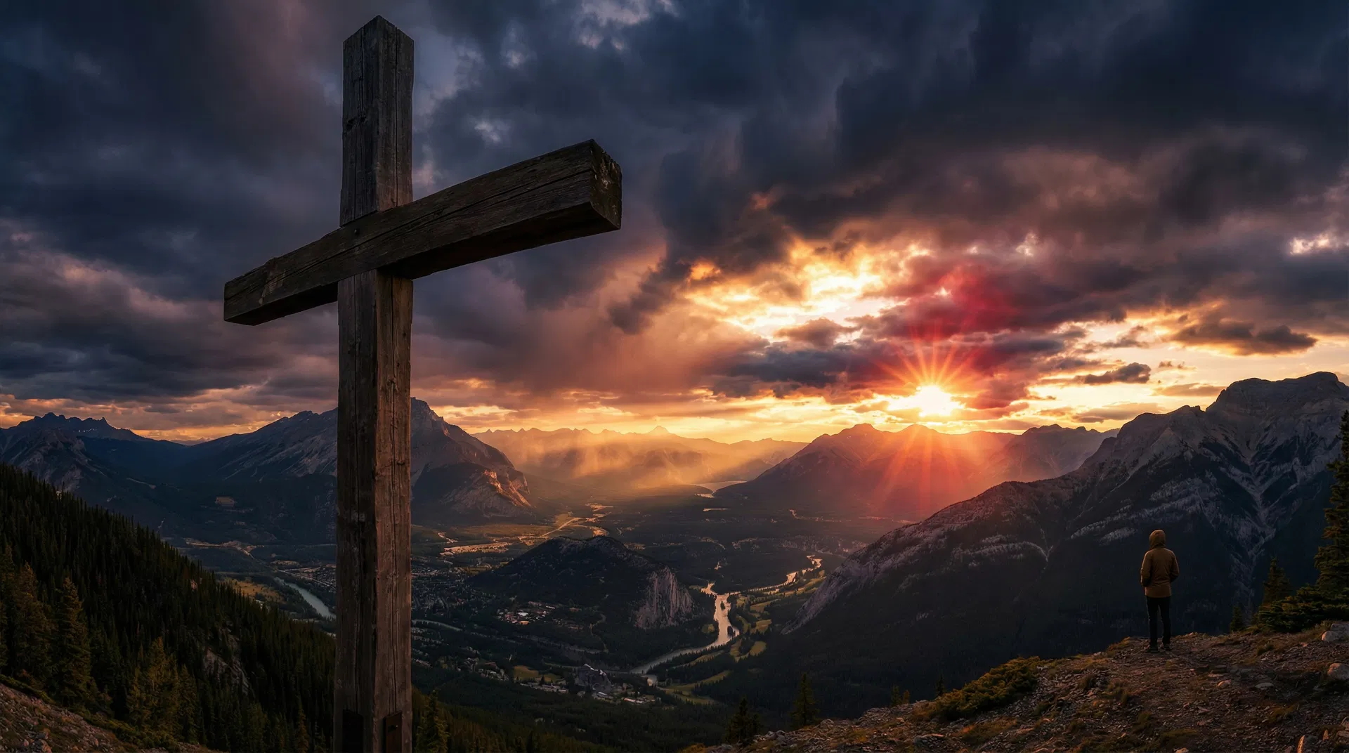 Cross on a hilltop at sunset over Canadian mountains