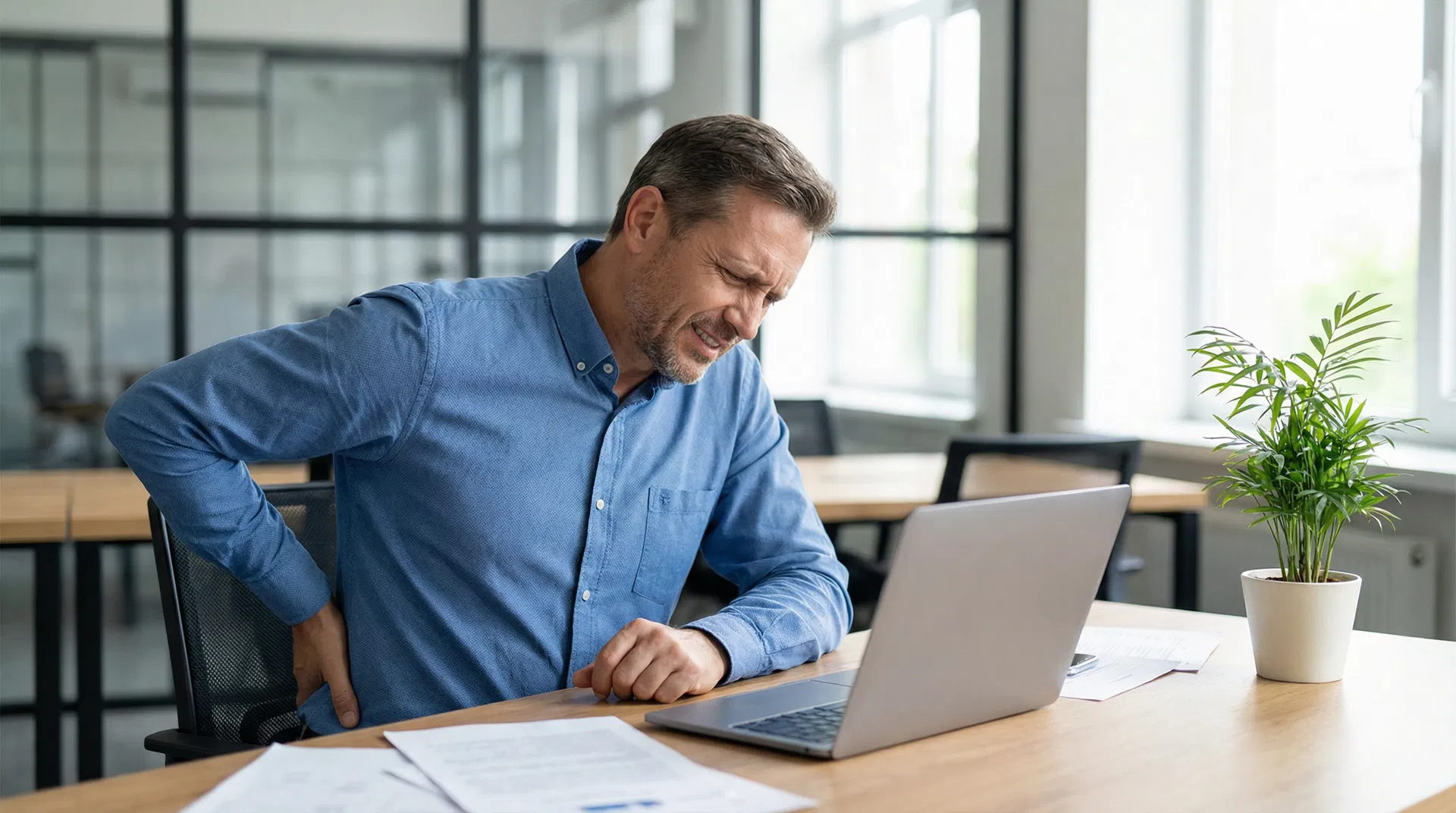 Hombre en oficina con dolor de espalda tras 8 horas en el escritorio