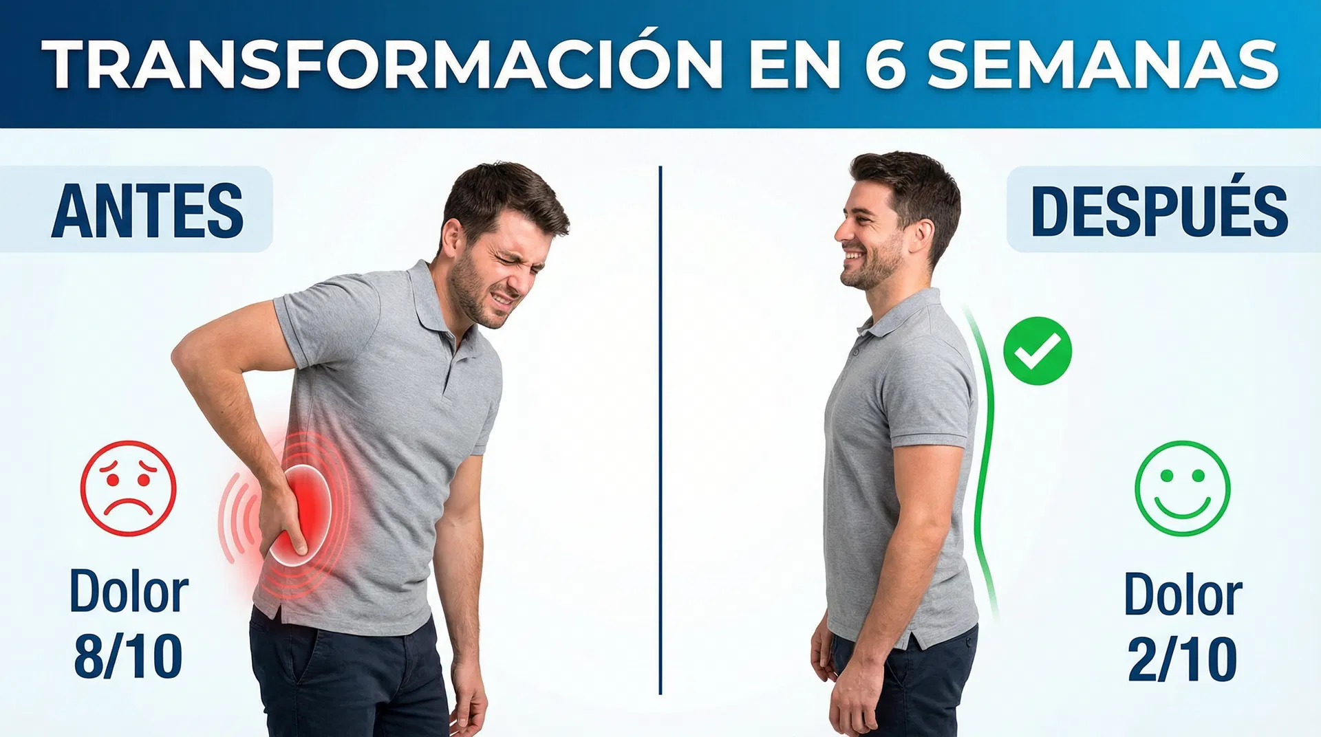 Transformación en 6 semanas: Antes (Dolor 8/10) - Después (Dolor 2/10)