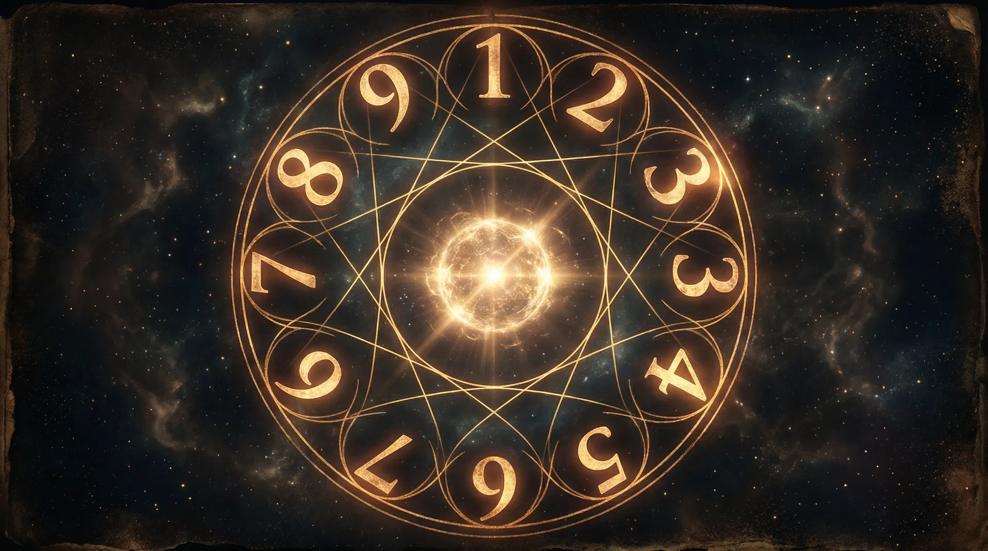 Sacred numerology chart with golden numbers and cosmic geometry on a deep space background