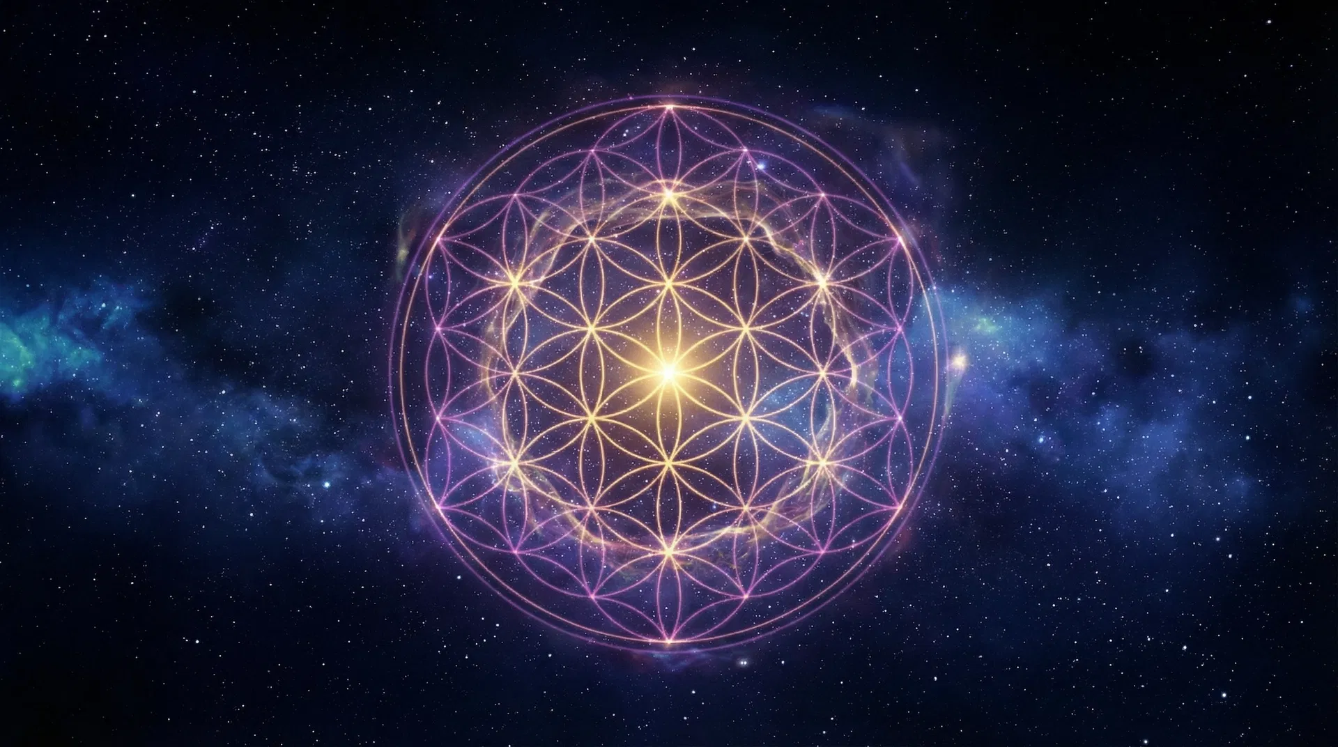 The number 1111 glowing in golden light against a deep cosmic starfield with sacred geometry