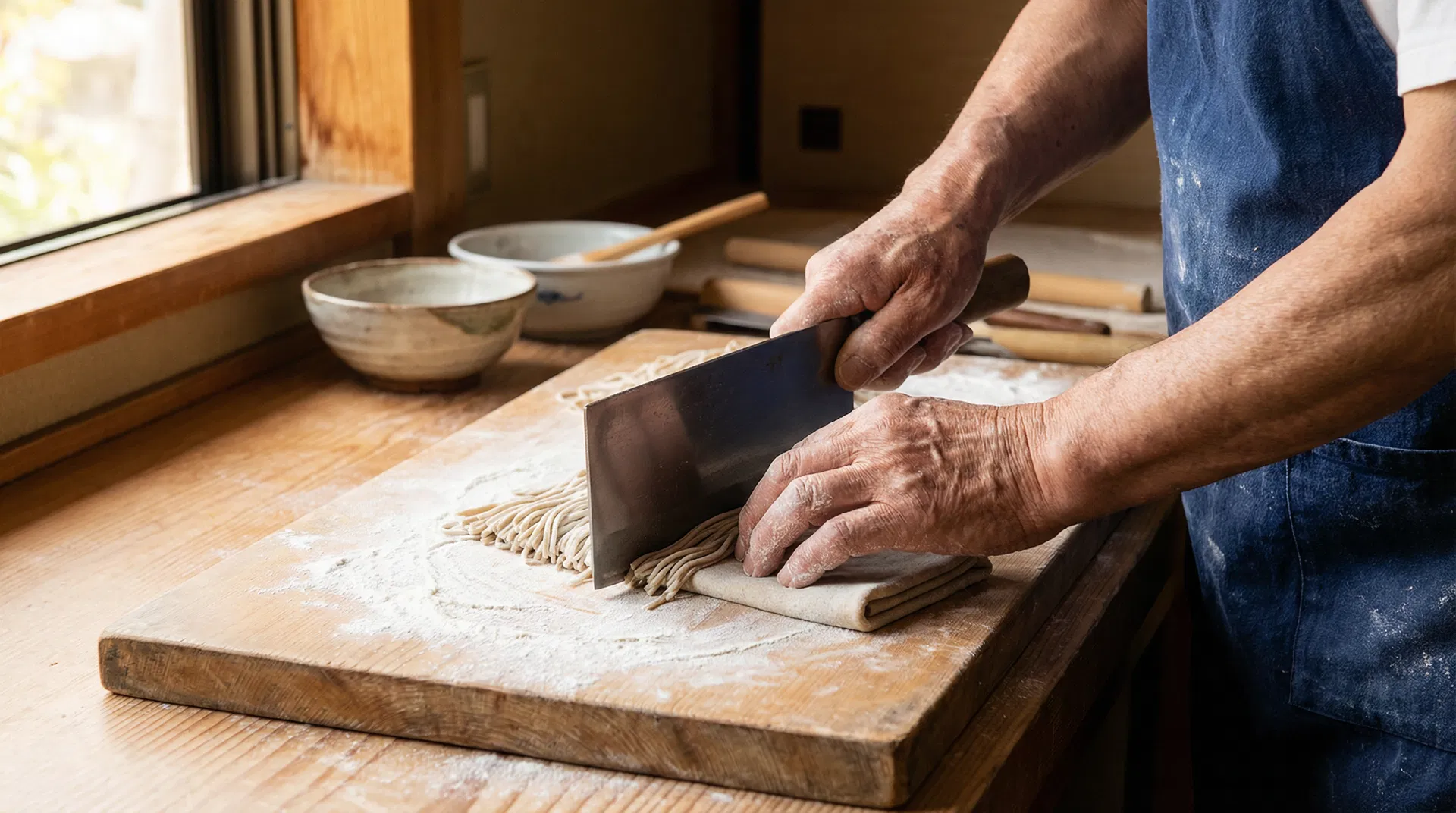 Handmade soba noodle making