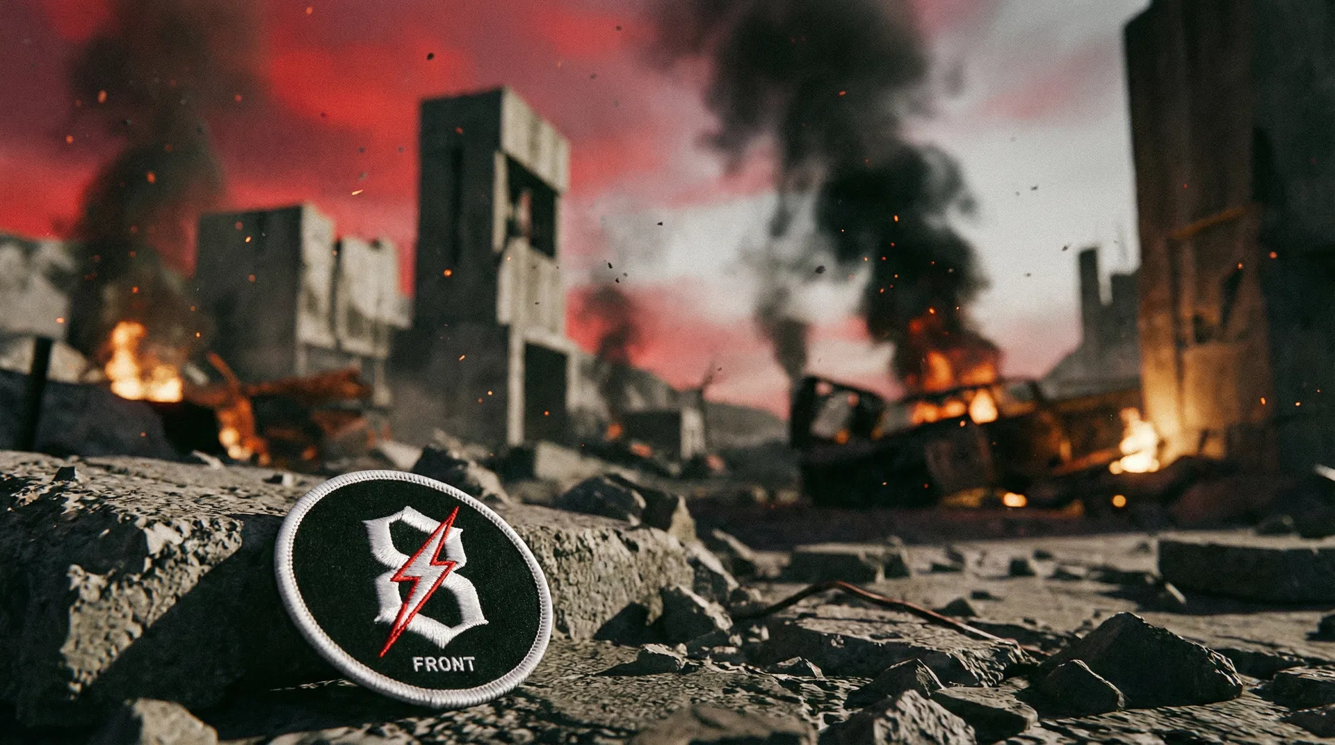 8FF patch on rubble, city burning