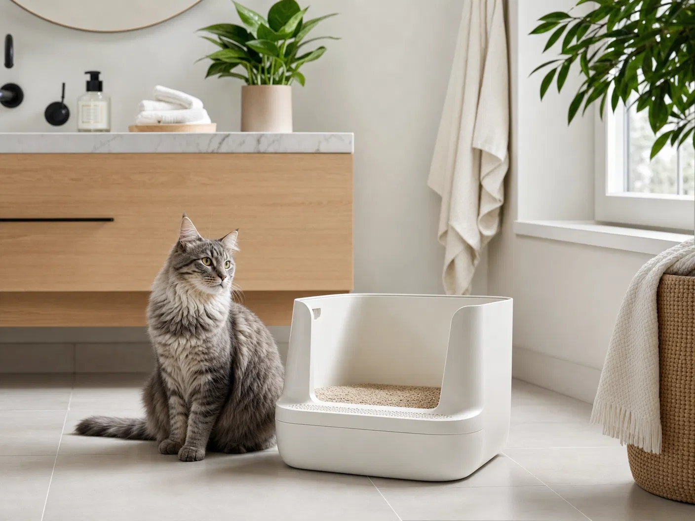 PETKIT Pura in a stylish modern bathroom with a cat