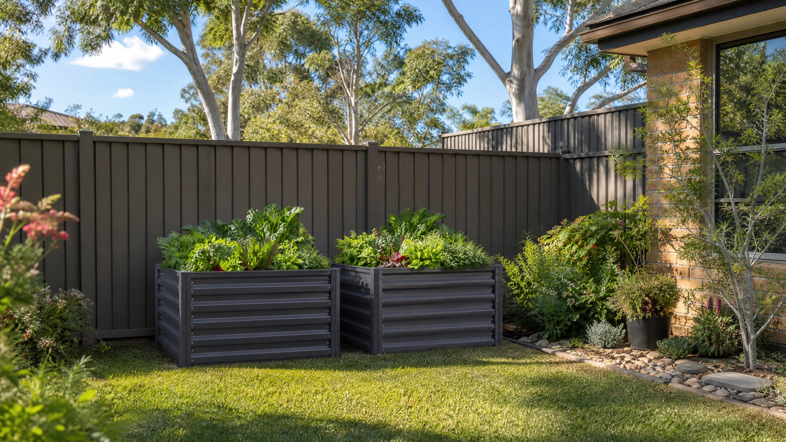Two deep galvanised steel garden beds in an Australian backyard filled with lush vegetables