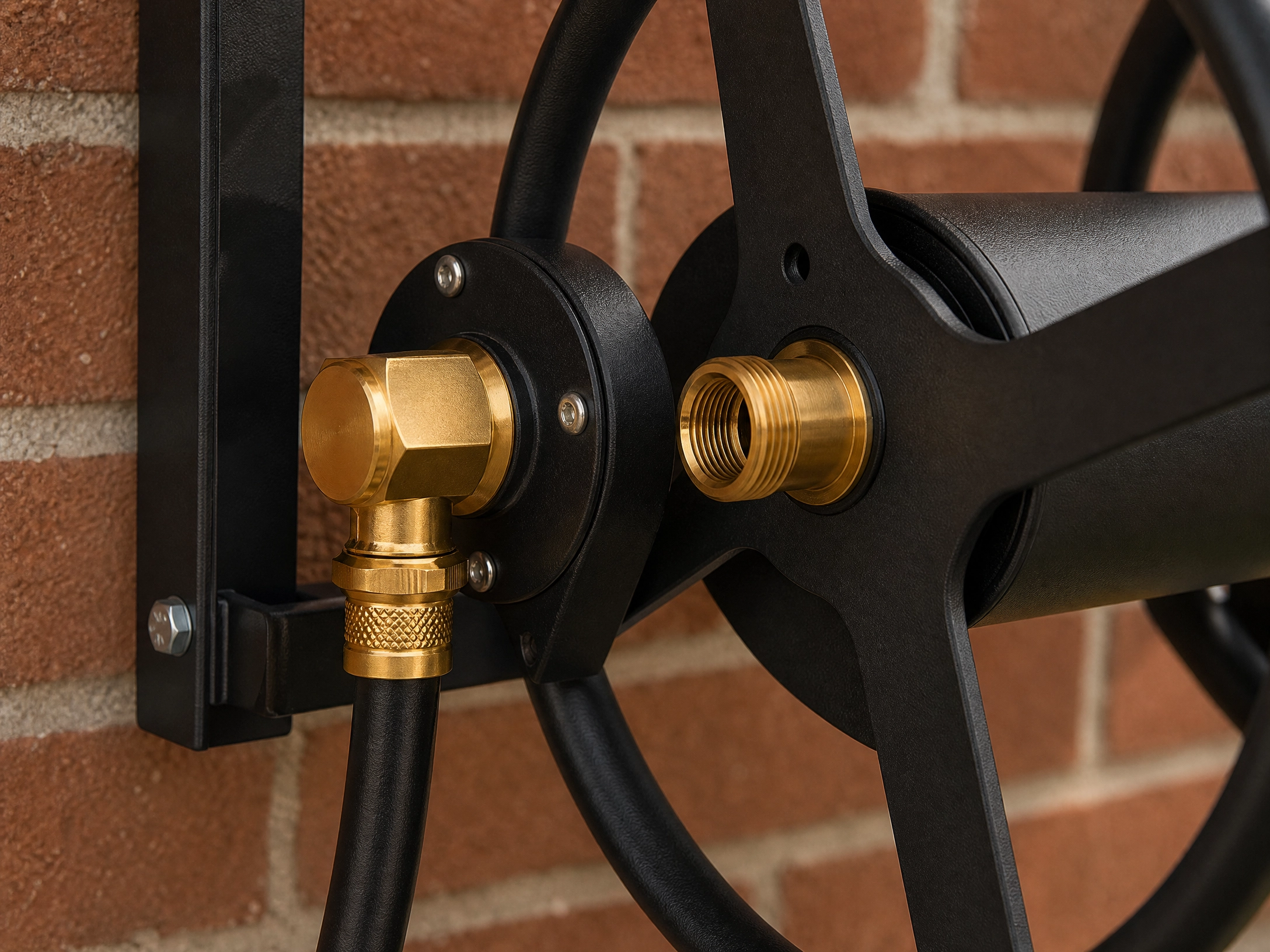 Brass fittings close up on hose reel