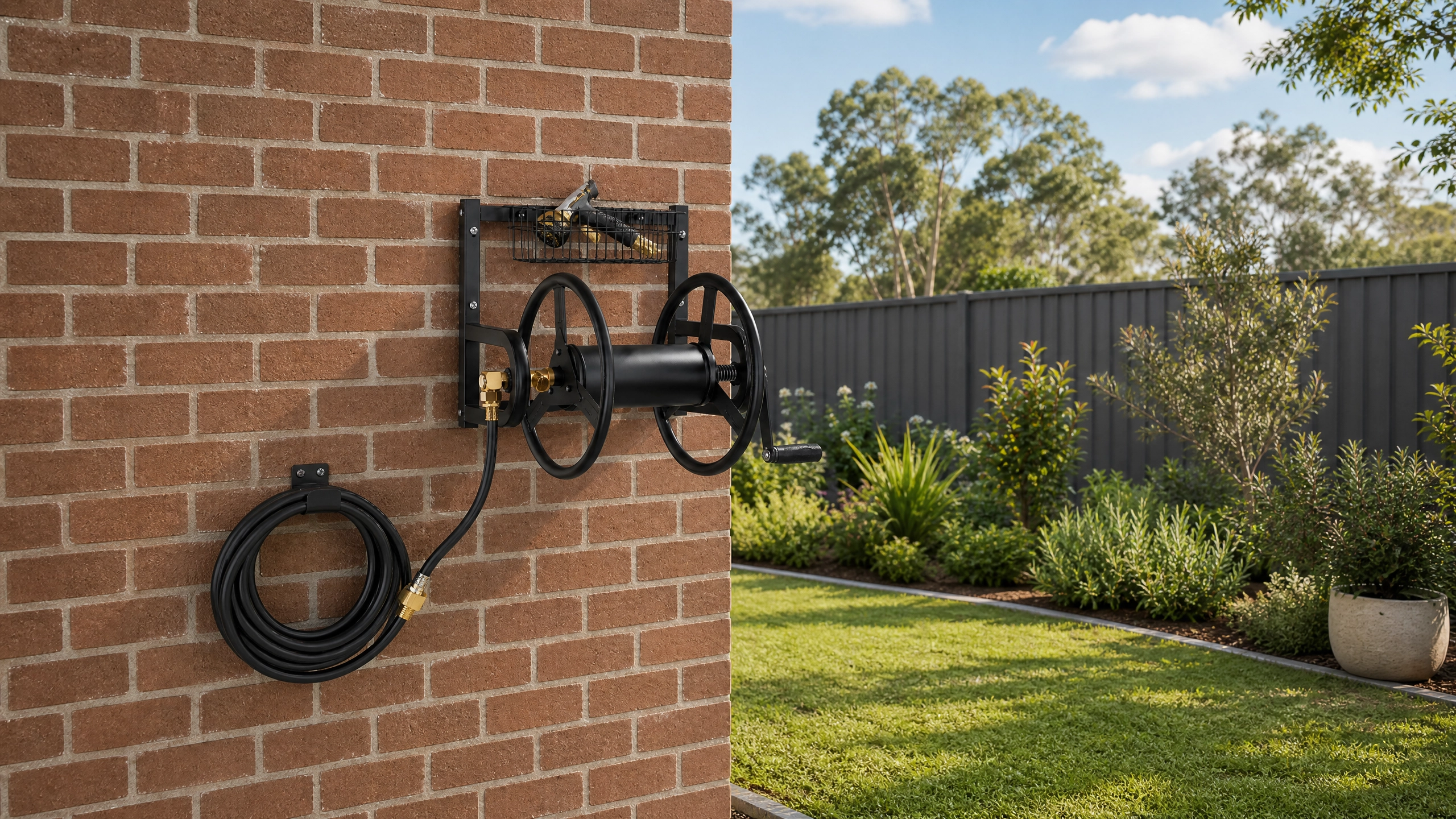 Wall Mounted Garden Hose Reel in use in a garden setting
