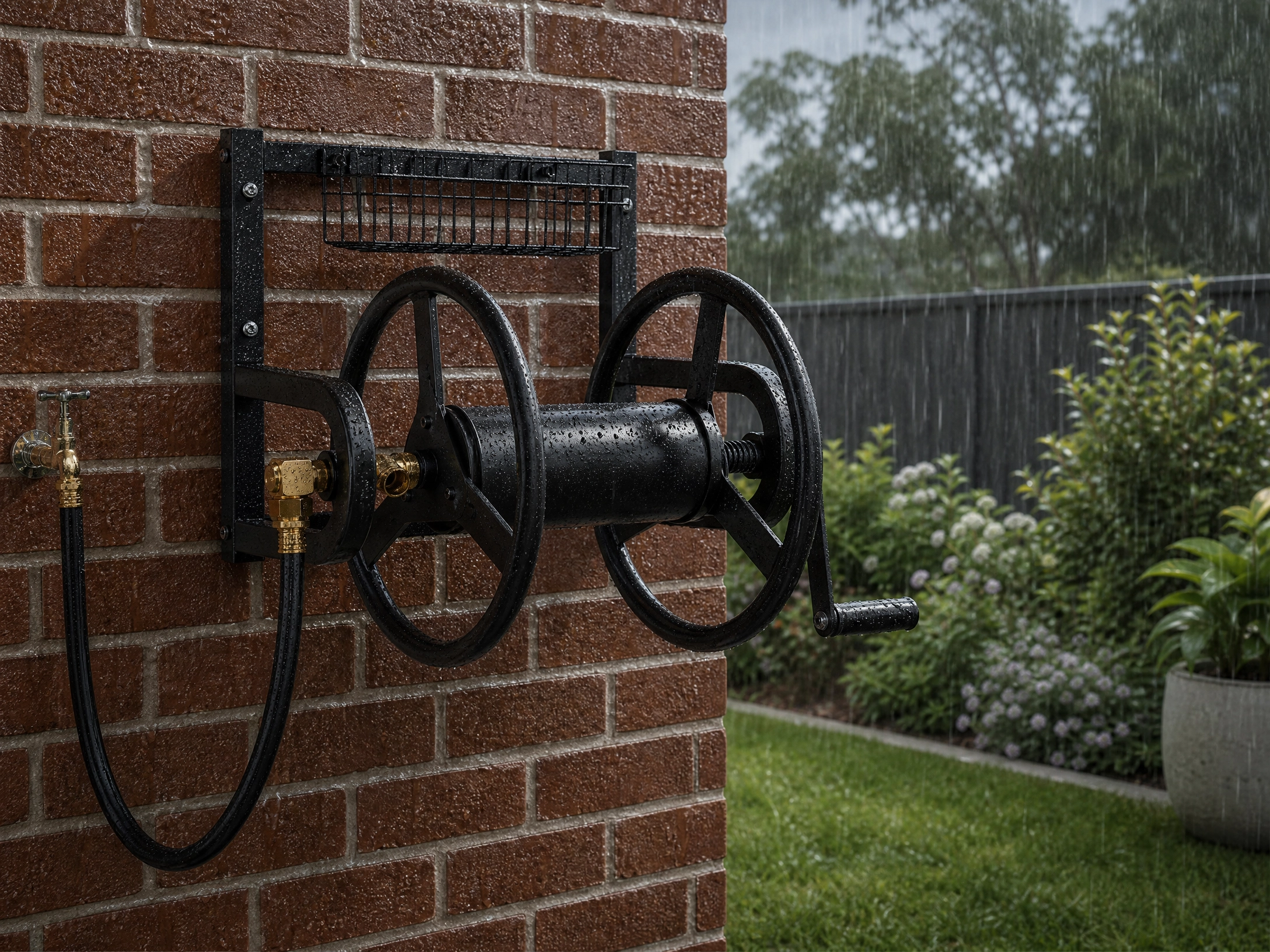 Outdoor garden in rain showing weather resistance