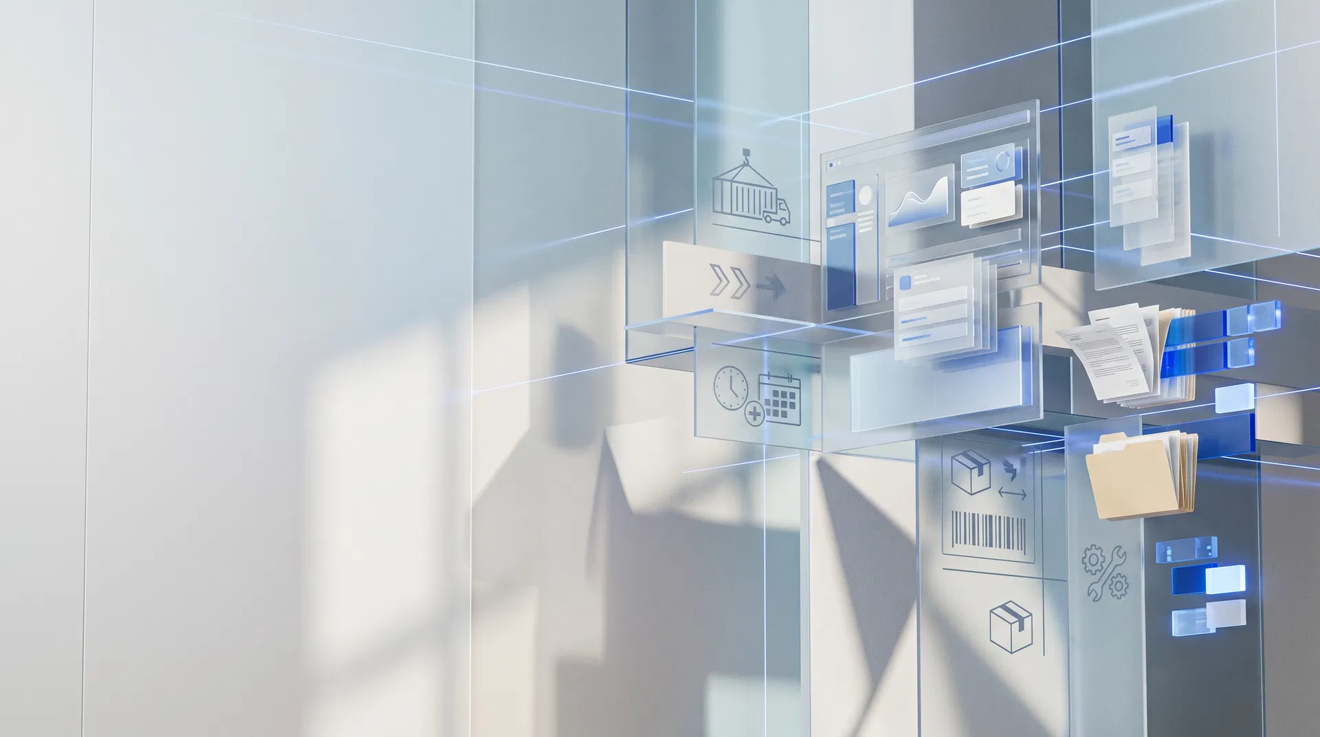 Abstract editorial illustration of business workflows transforming into digital systems