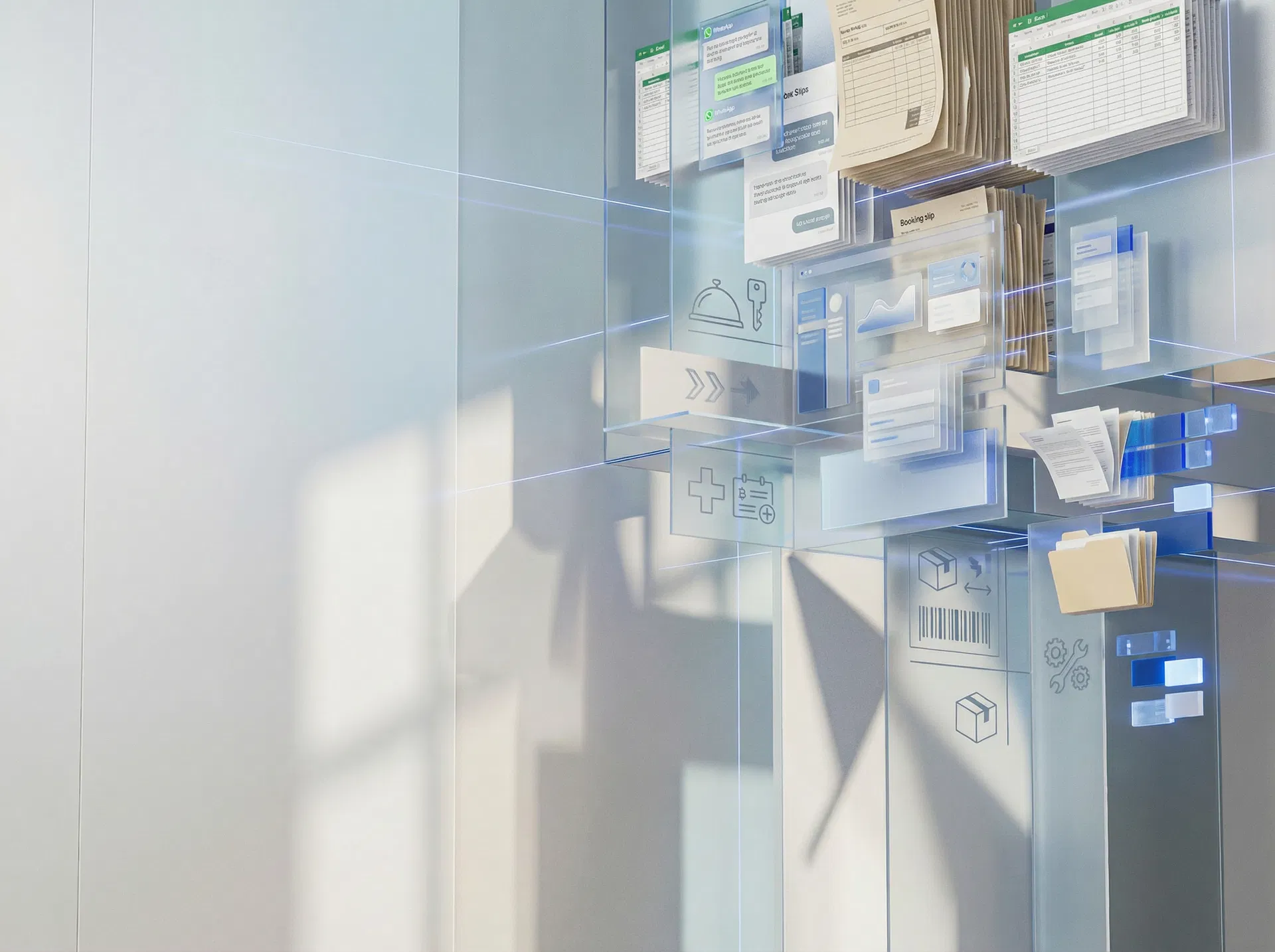 Editorial illustration of fragmented manual business operations and records