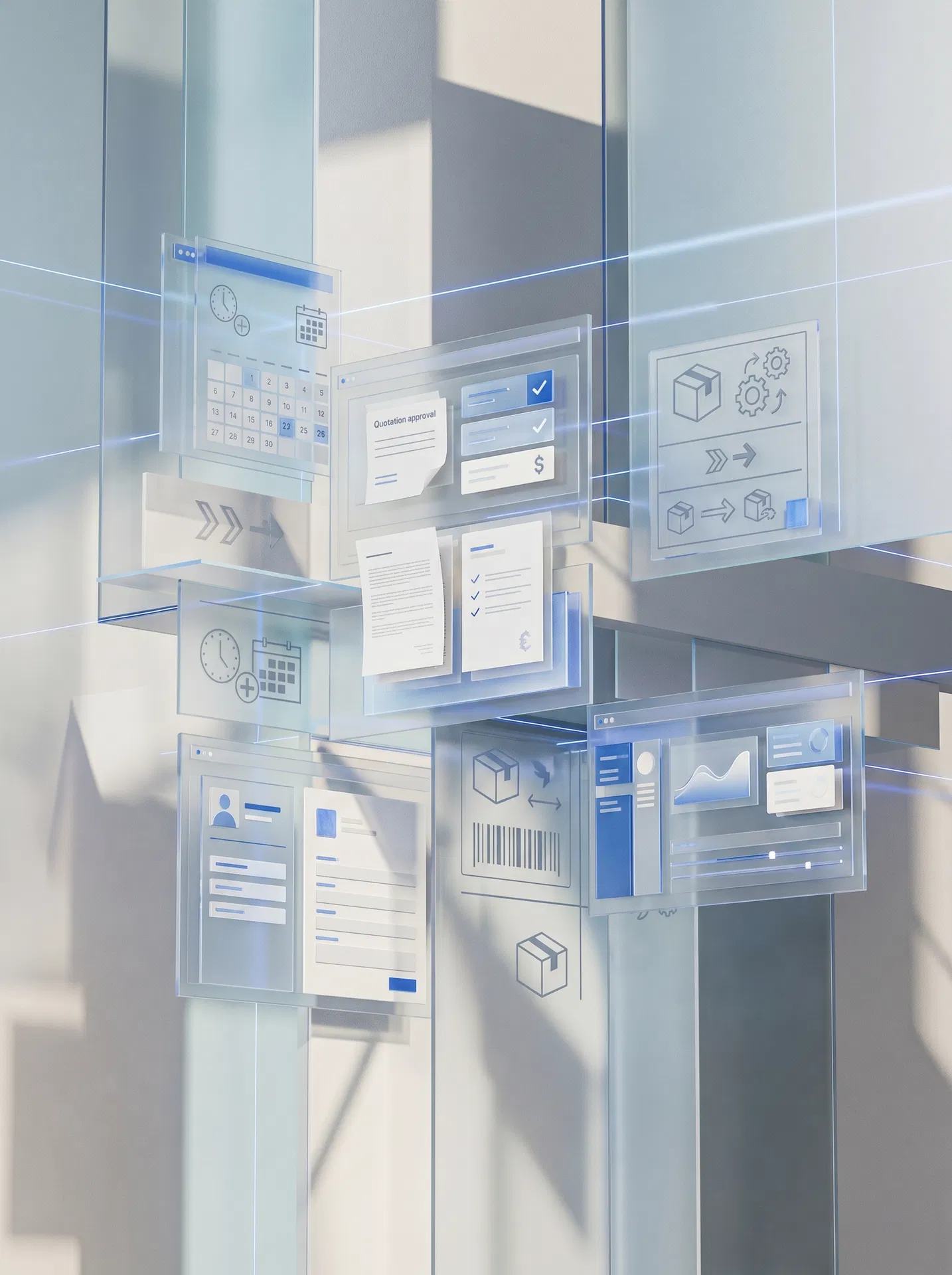 Editorial illustration of workflow modules aligning into a digital operating system