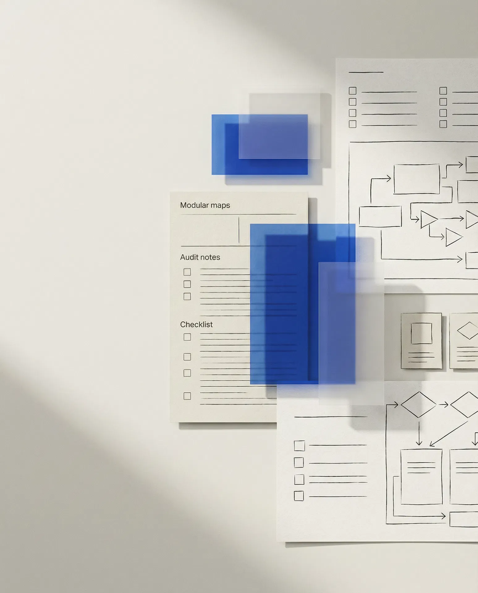 Editorial illustration of workshop notes, process maps, and consulting materials