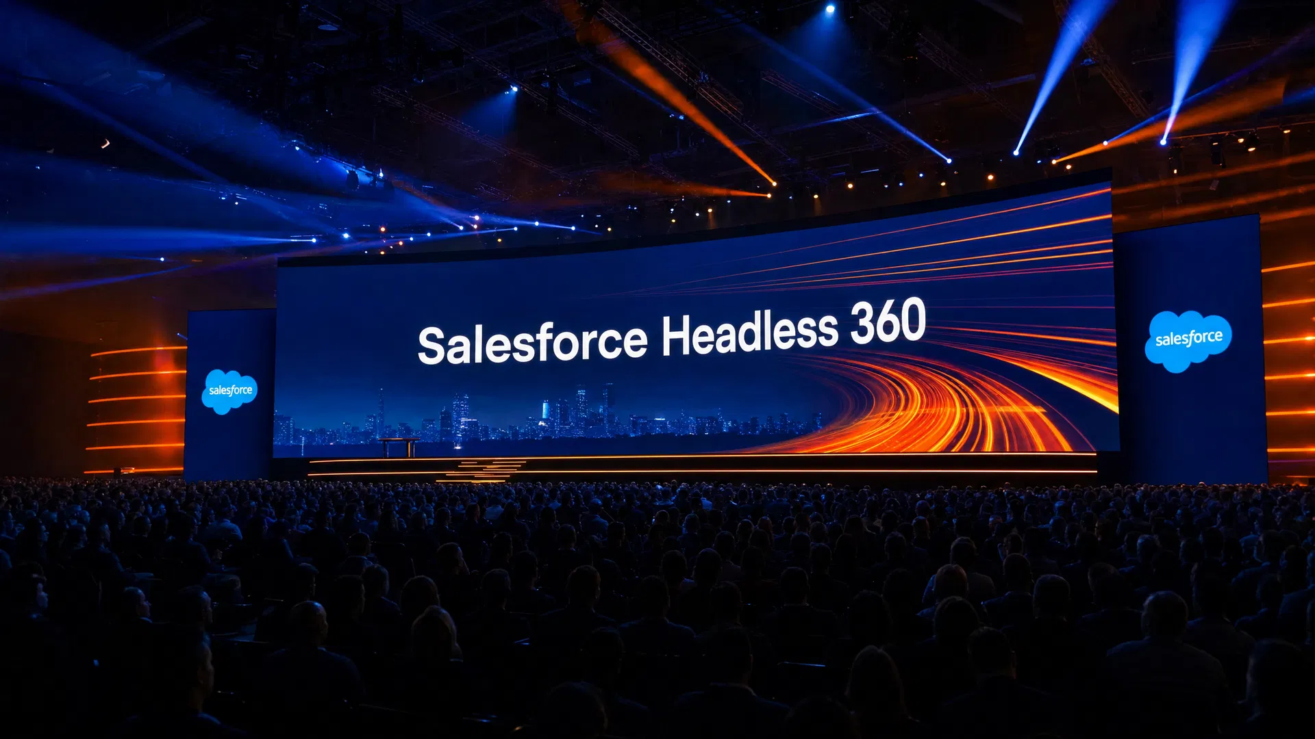 Salesforce TrailblazerDX 2026 keynote stage announcing Headless 360