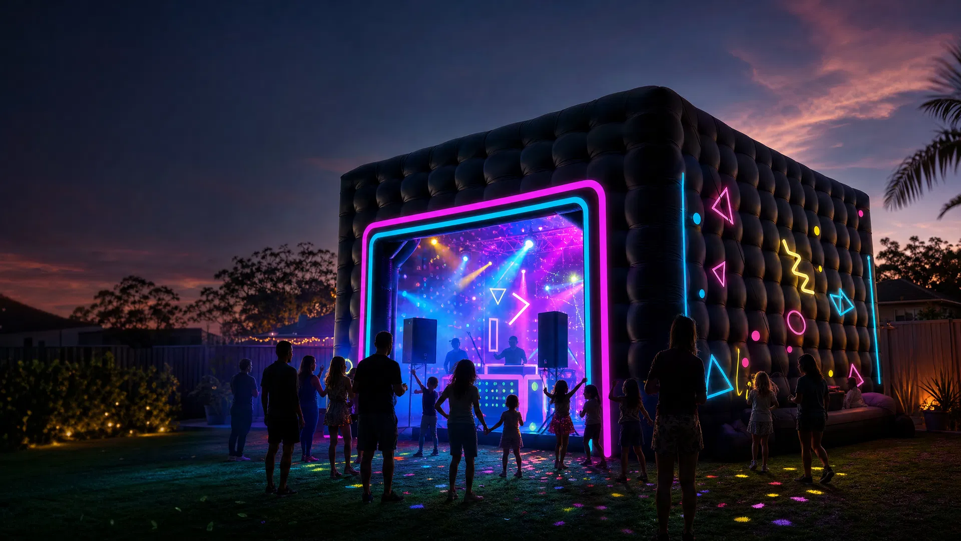 Inflatable nightclub party setup with neon lights