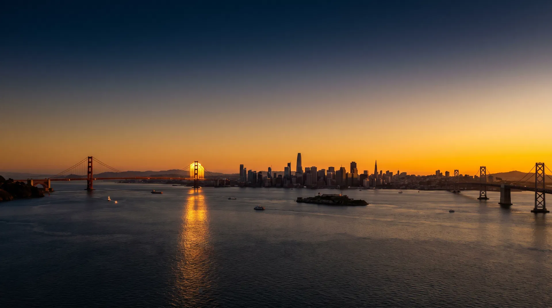 San Francisco Bay Area skyline at sunset
