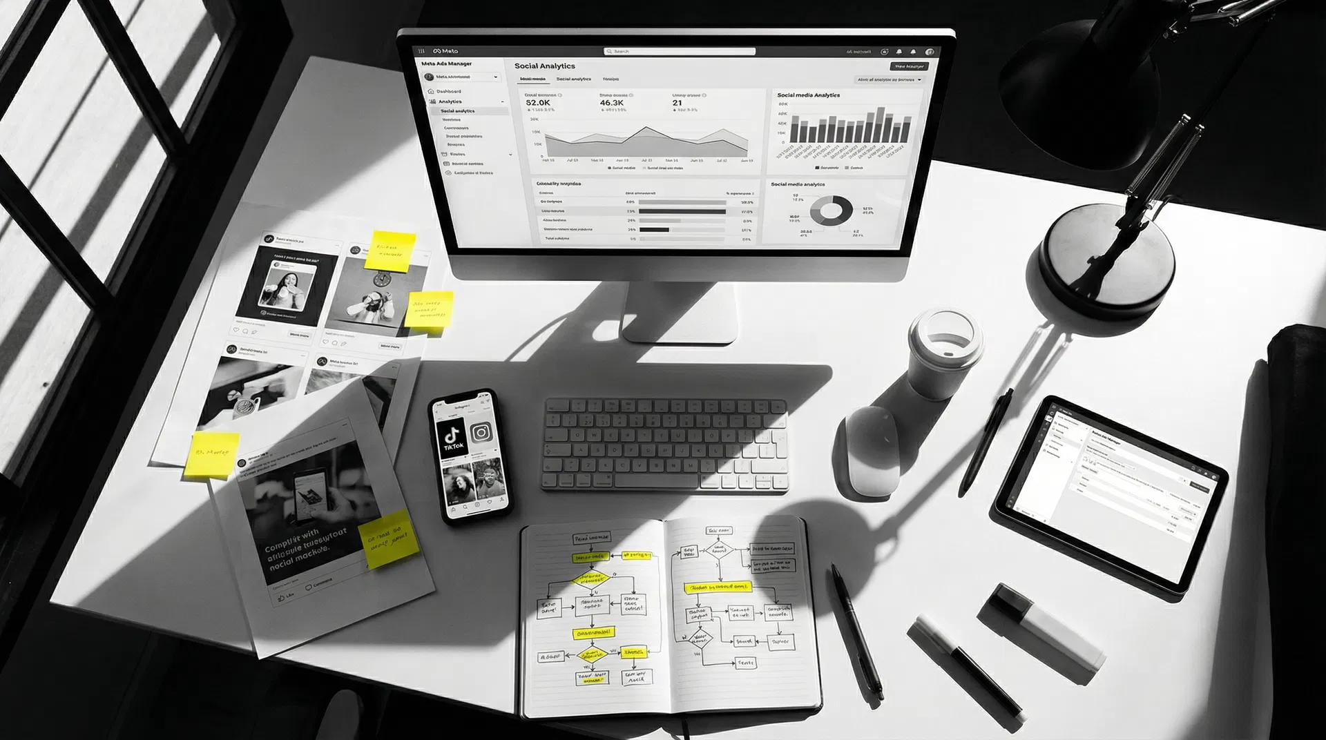 Paid social campaign workspace with analytics dashboards, social media ad mockups, and campaign strategy flowcharts