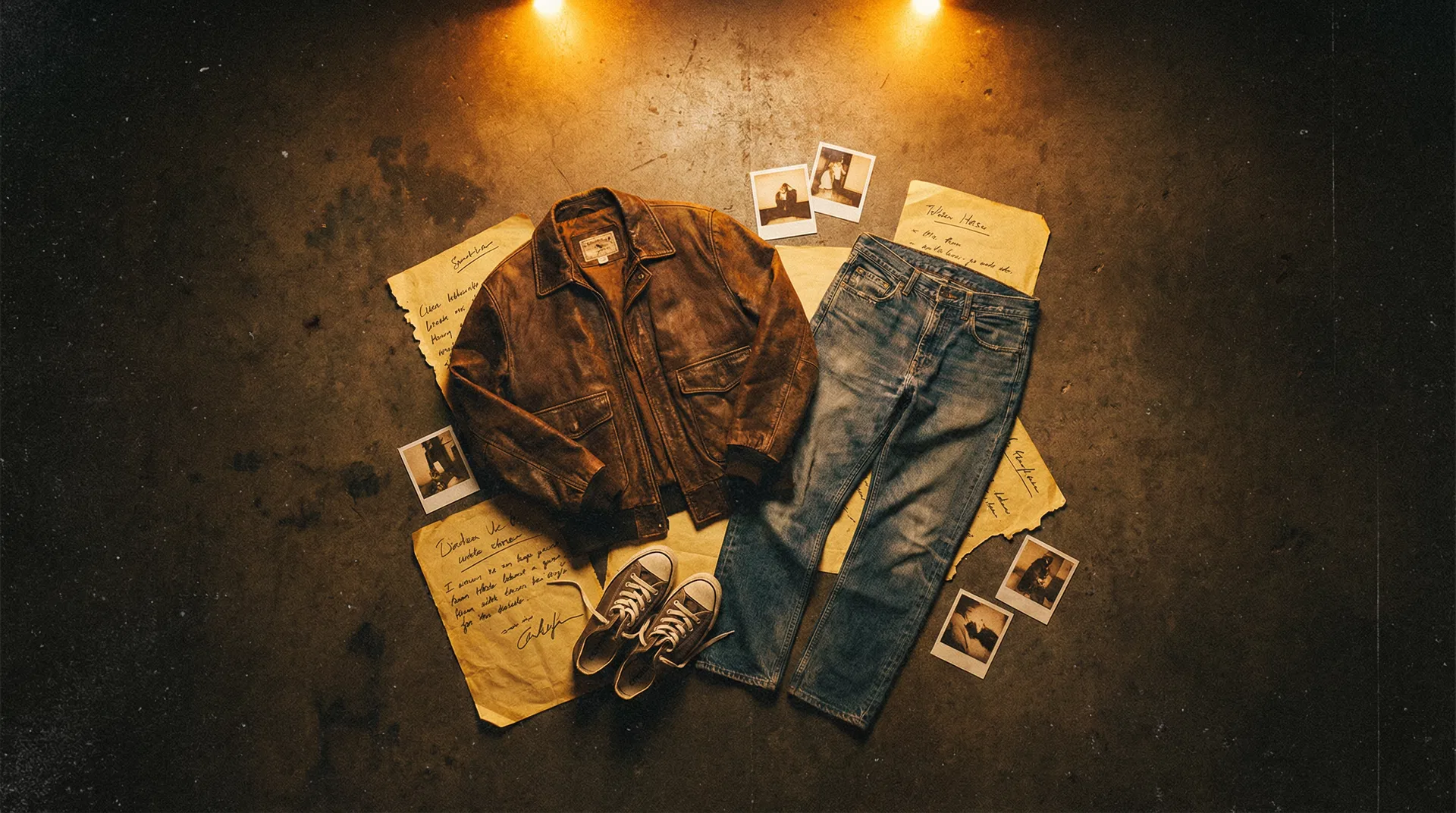 Wear the Archive — vintage clothing arranged as museum artifacts on dark concrete