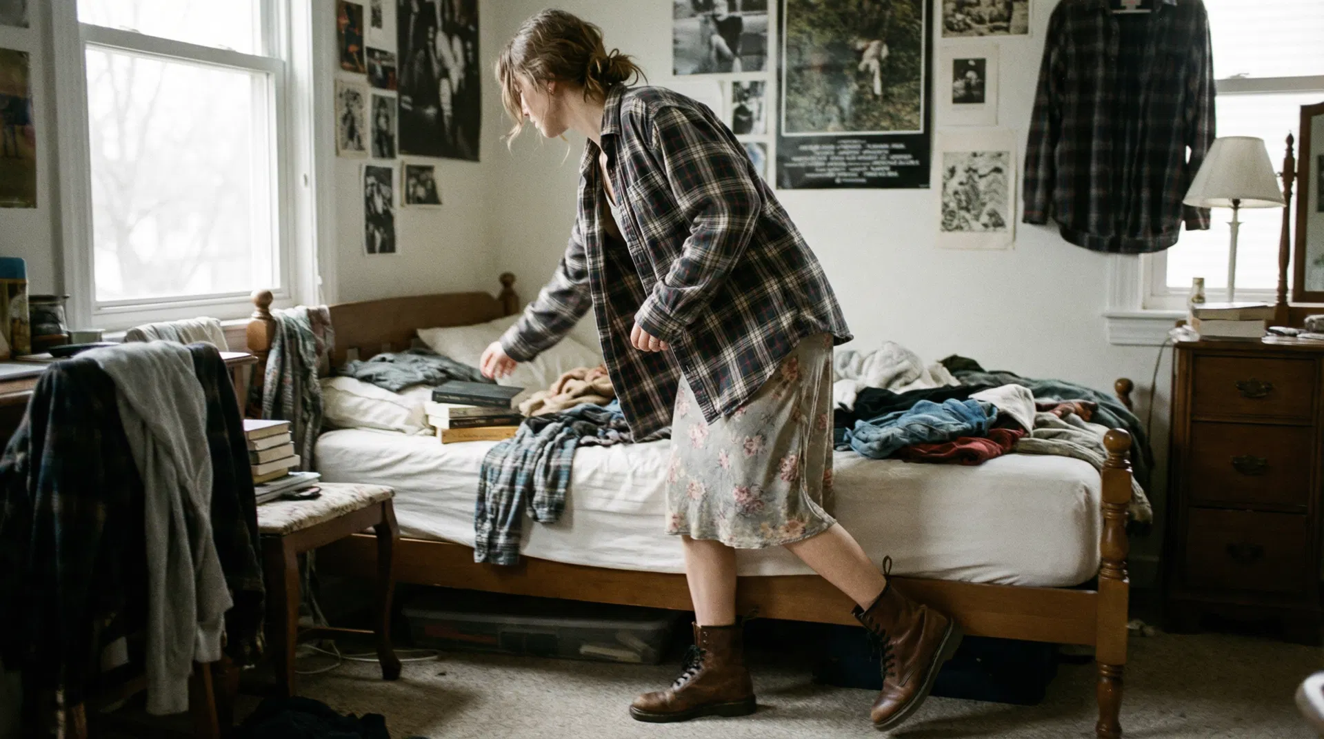Uncurated — person in mismatched thrifted clothing in a messy bedroom, documentary style