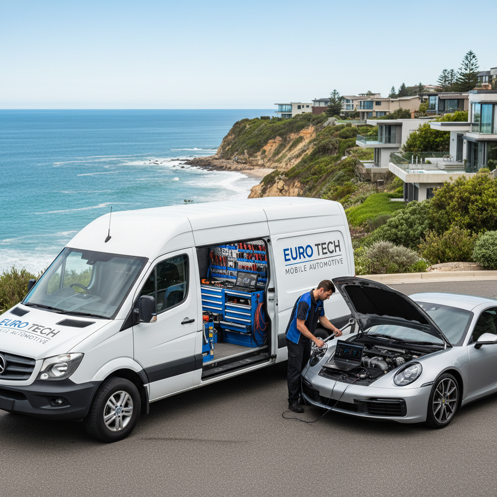 A Euro Tech Mobile Automotive van parked next to a silver Porsche 911 Carrera, with a mechanic performing a service in a driveway overlooking the ocean on the Northern Beaches, Sydney.