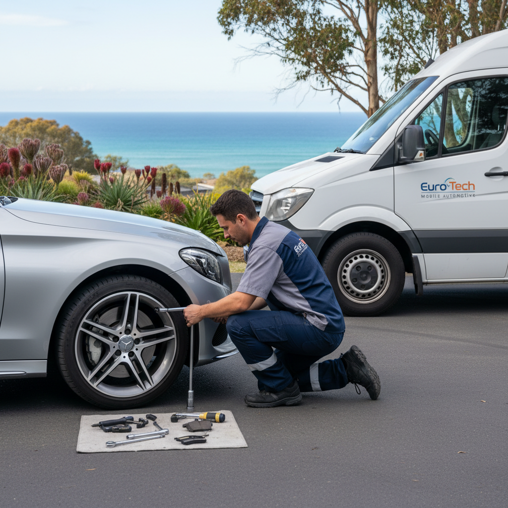 Euro Tech Mobile Automotive technician performing brake repairs on a silver Mercedes-Benz sedan parked in a driveway on the Northern Beaches, Sydney, with lush green foliage and a glimpse of the ocean in the background.