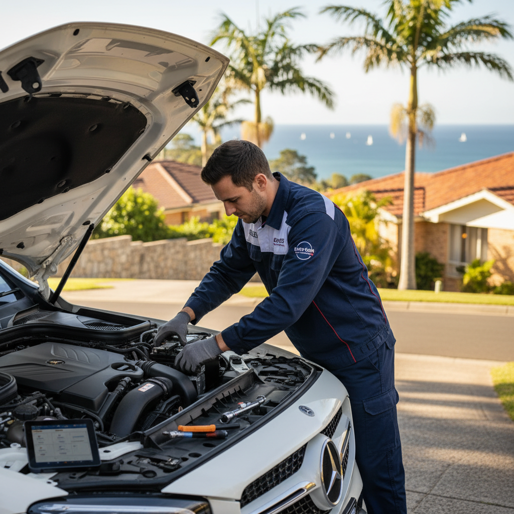 Euro Tech Mobile Automotive technician replacing a car battery in a Mercedes-Benz SUV parked in a driveway on the Northern Beaches, Sydney, with a scenic coastal backdrop.