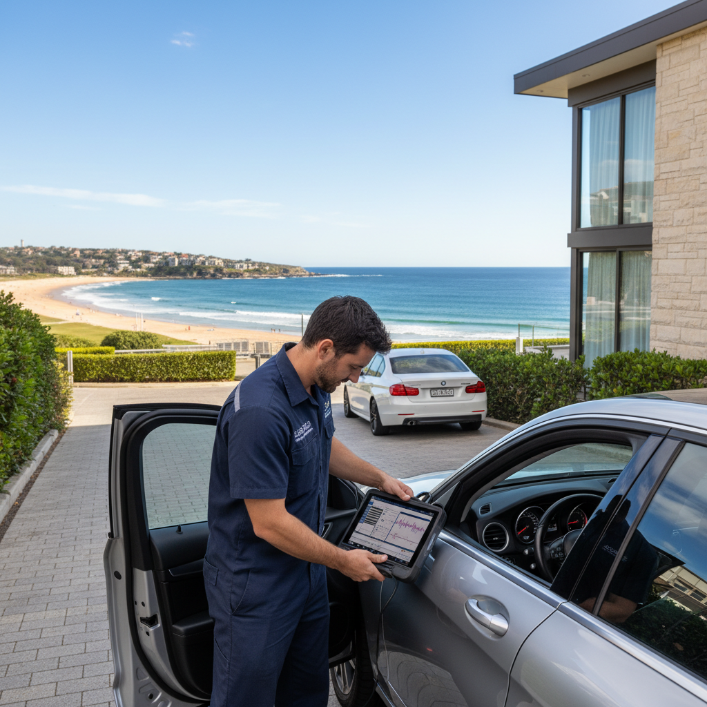 Mobile mechanic performing engine diagnostics on a silver Mercedes-Benz C-Class parked in a driveway overlooking Manly Beach, Northern Beaches, Sydney.