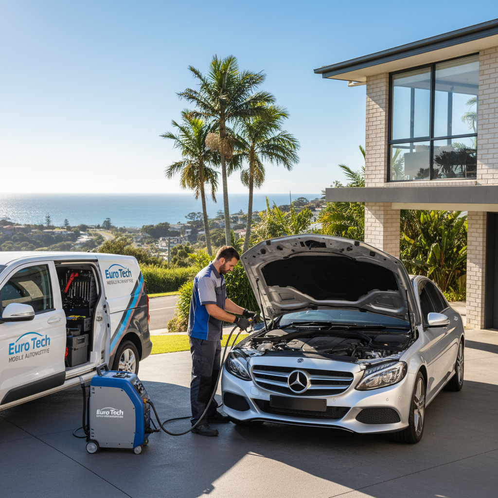 Euro Tech Mobile Automotive technician performing an air conditioning regas on a silver Mercedes-Benz C-Class in a driveway on the Northern Beaches, Sydney, with a mobile service van in the background.