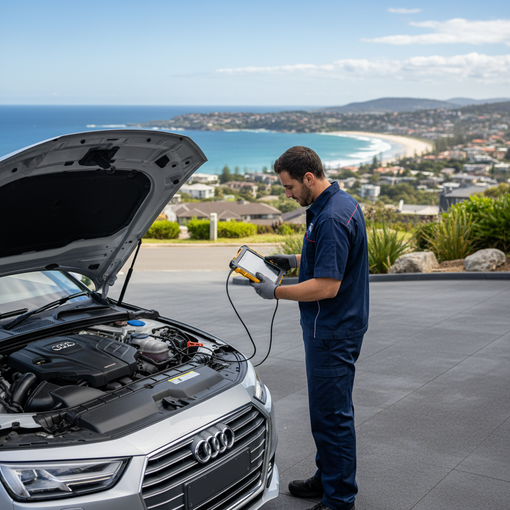 Euro Tech Mobile Automotive technician performing diagnostics on a silver Audi sedan on a residential driveway in Manly, Sydney Northern Beaches, with the ocean visible in the background.