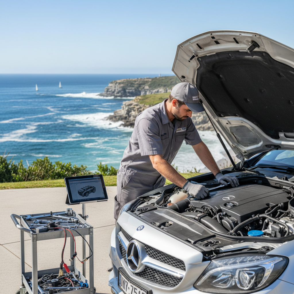 Euro Tech Mobile Automotive mechanic performing a power steering repair on a Mercedes-Benz C-Class in a driveway overlooking Manly Beach, Sydney Northern Beaches.