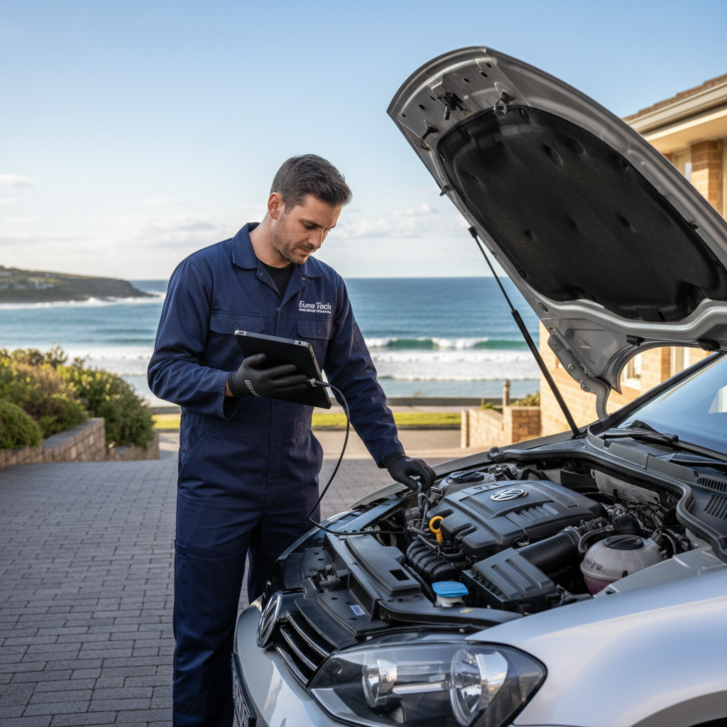 Euro Tech Mobile Automotive mechanic performing a detailed Volkswagen service on a VW Golf in a driveway in Dee Why, Sydney Northern Beaches, with the Pacific Ocean visible in the background.