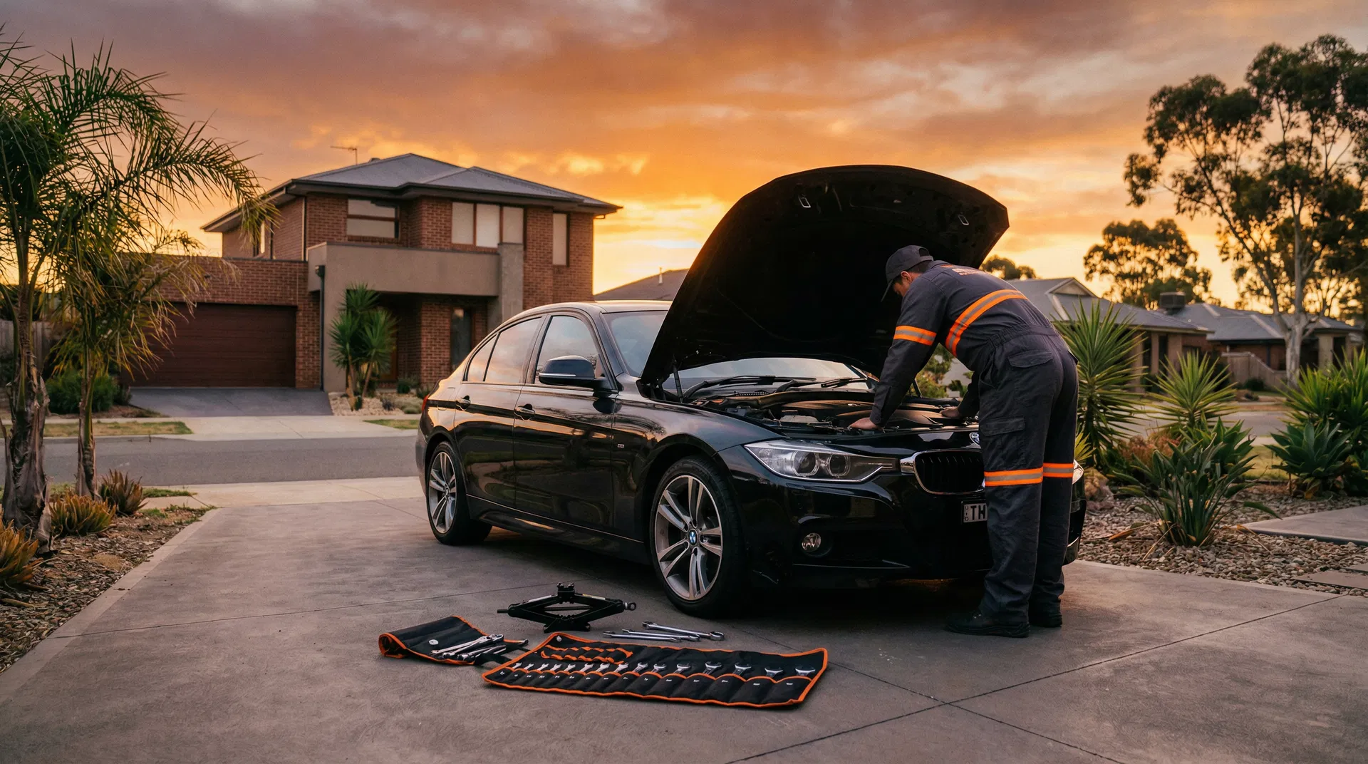 Mobile mechanic servicing a BMW in a Northern Beaches driveway