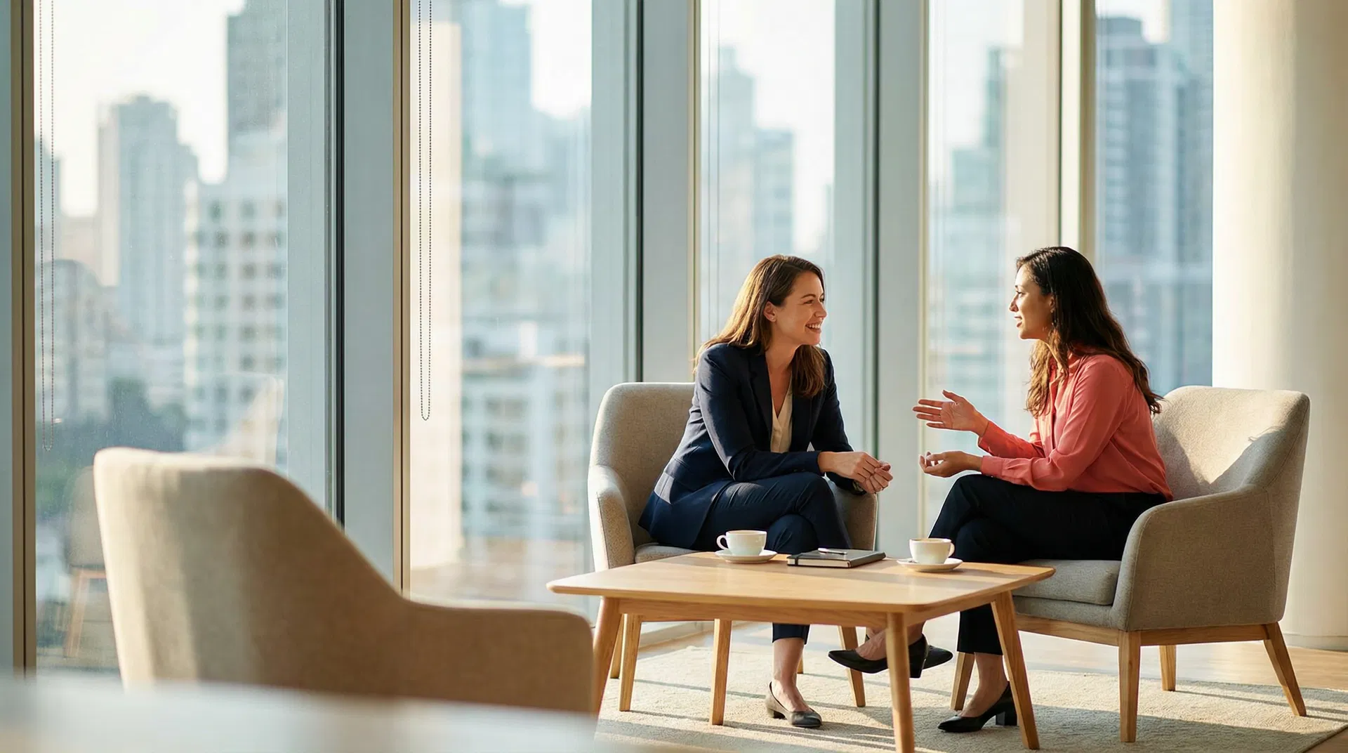 Two professional women in an engaged coaching conversation in a bright modern office