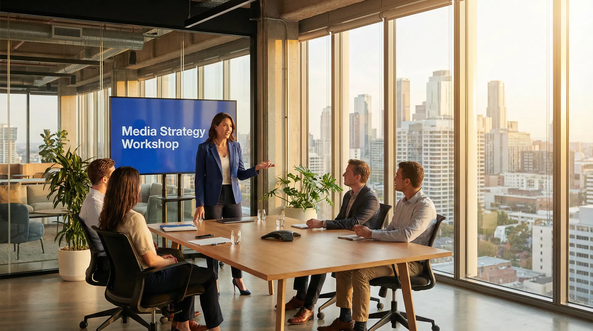 Professional woman leading a media strategy workshop in a modern boardroom