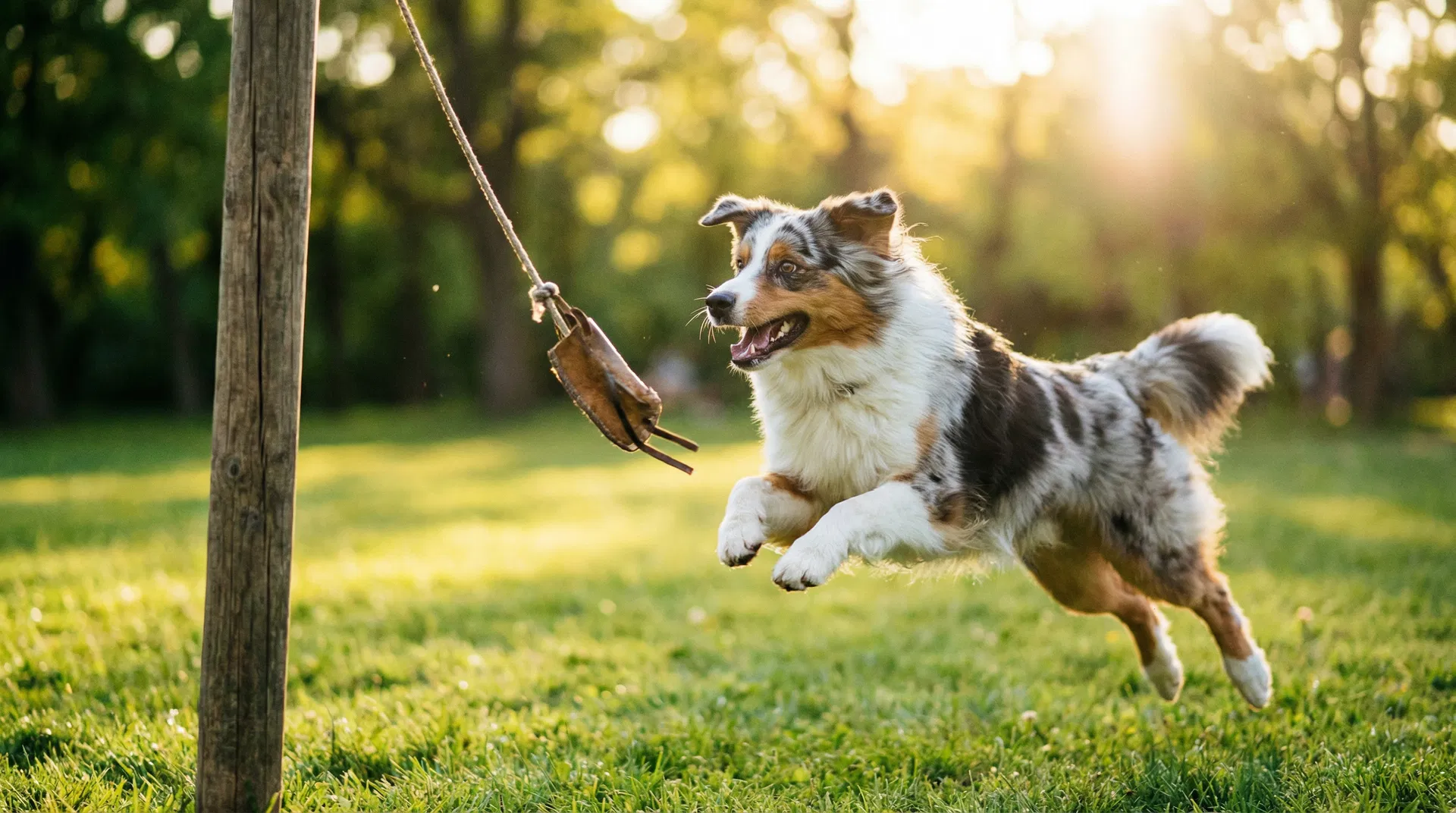 Dog chasing a flirt pole lure in a park